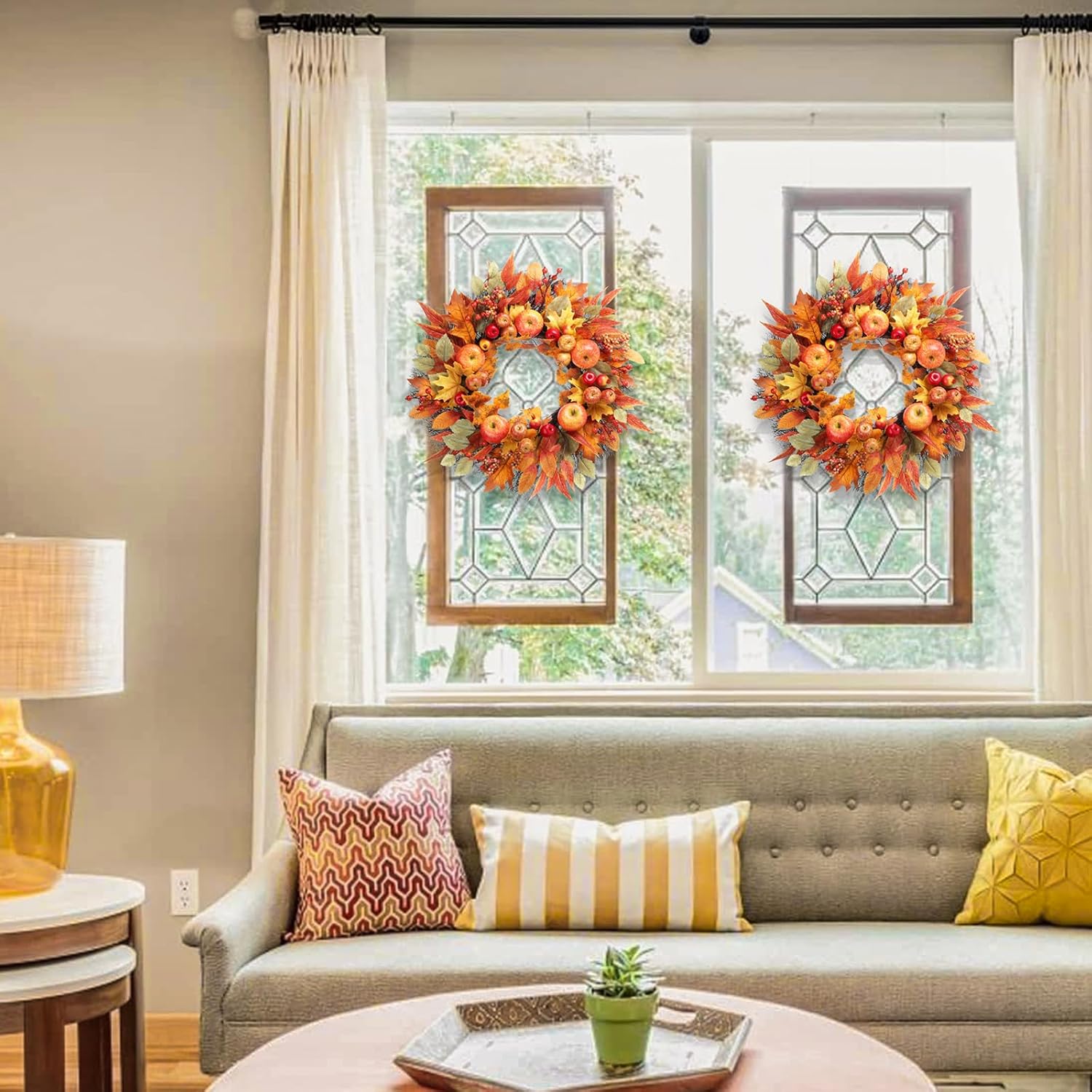 Fall Wreaths for Front Door .22"-24" Autumn Harvest Festival Wreath with Realistic Apples, Berries, Pomegranates & Maple Leaves - Seasonal Thanksgiving & Fall Decor