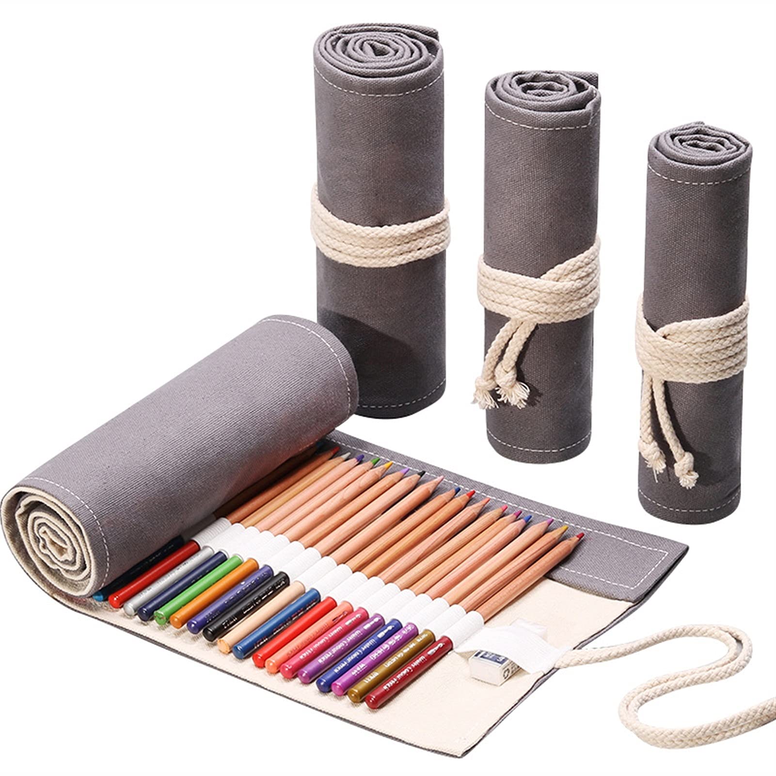 Federmäppchen Handgemachte graue Leinwandkunst Stift Vorhang 12 24 36 48 72 Loch Große Kapazität Bleistift Hülle Farbe Bleistift Skizze Schreibwaren Tasche (Color : 24 Hole)