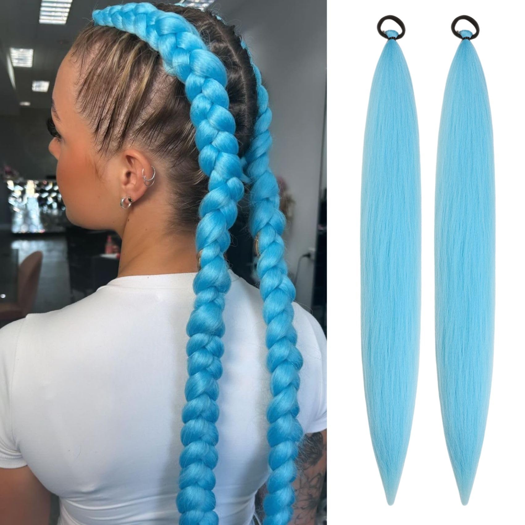 Photo 1 of Blue Braiding Hair Extension for Braids Synthetic Braid Ponytail Extensions with Elastic Tie Fashion Festival Rave Hair Accessories(Pack of 2)
