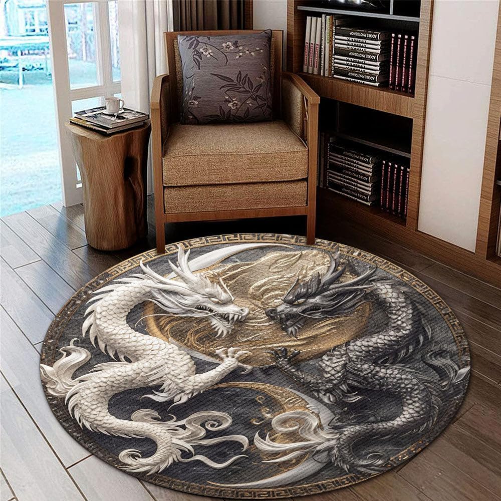 Personalized 3D Yin Yang Asian Dragon Element Area Rug, Anti-skid Lounge Mat, Indoor Decorative Throw Carpet, Suitable for Leisure Area Bedside Accessories Cloakroom, White and Black Dragon -2