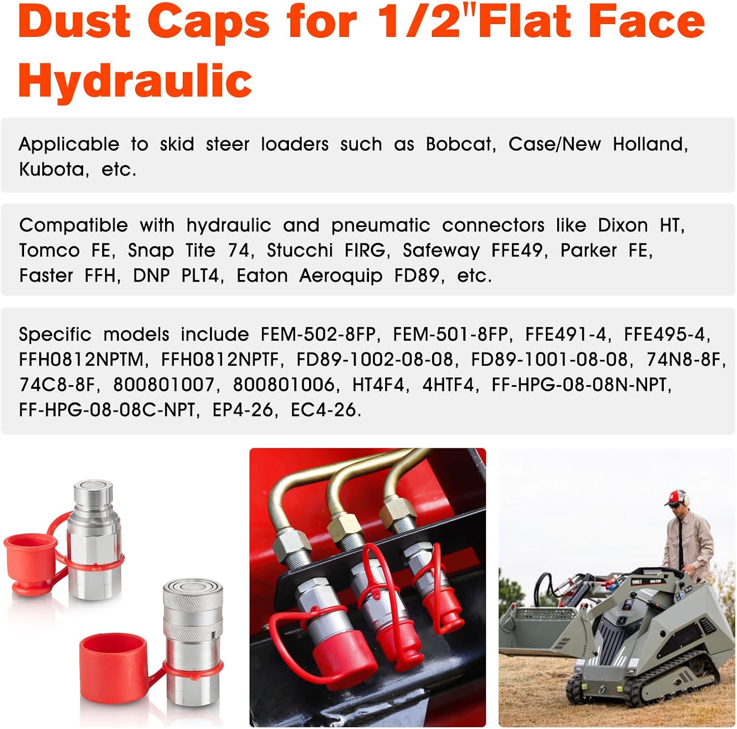 Dust Caps Plugs for 1/2" Flat Face Hydraulic Quick Coupler, Red Rubber Covers - 4 Sets for ISO 16028 Body Skid Steer Bobcat