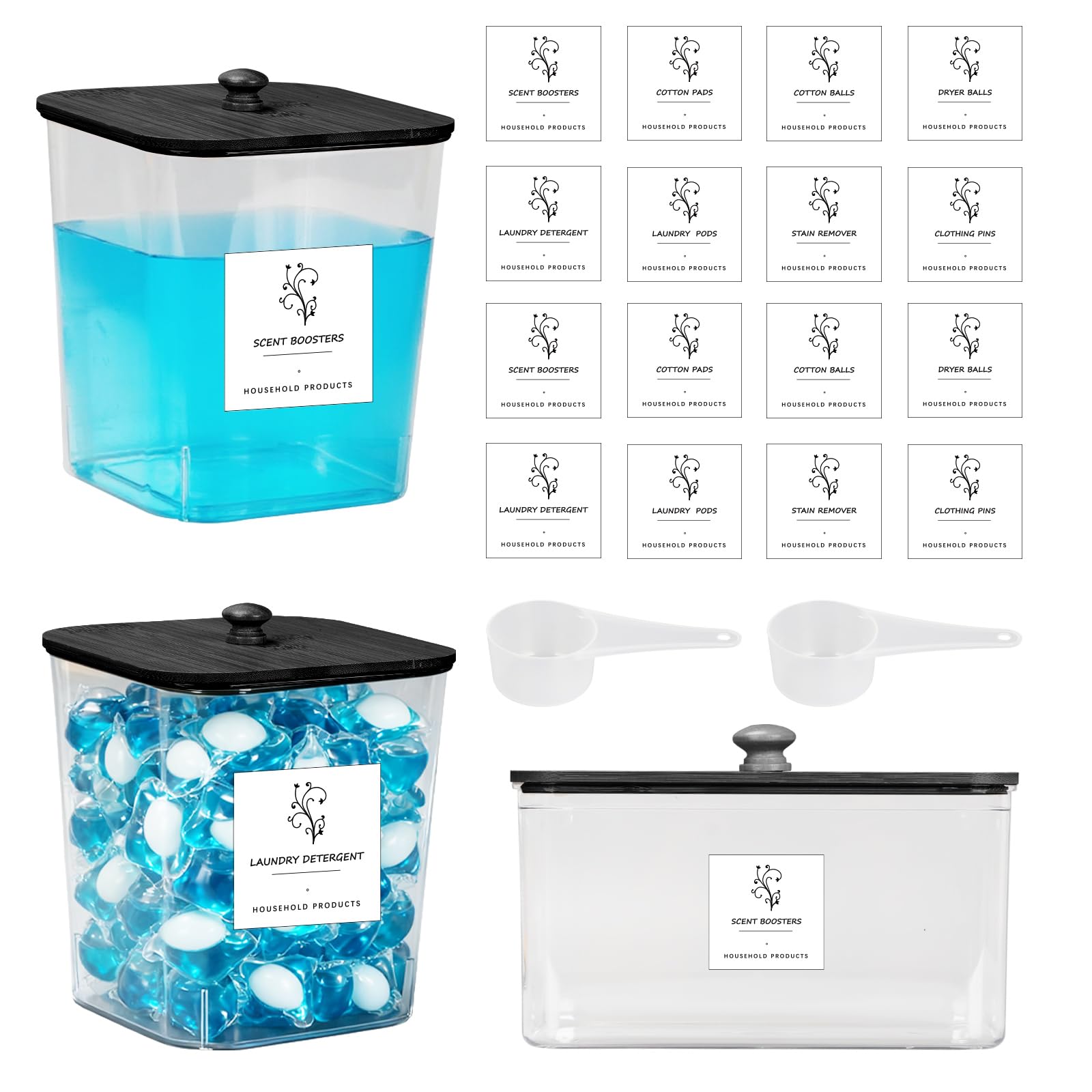 BlyeMichdi Laundry Detergent Dispenser Containers,3 Pack Laundry Powder Container,Clear Acrylic Laundry Pods Storage Container with Bamboo Cover and Laundry Scoop,Laundry Room Organization (Black)