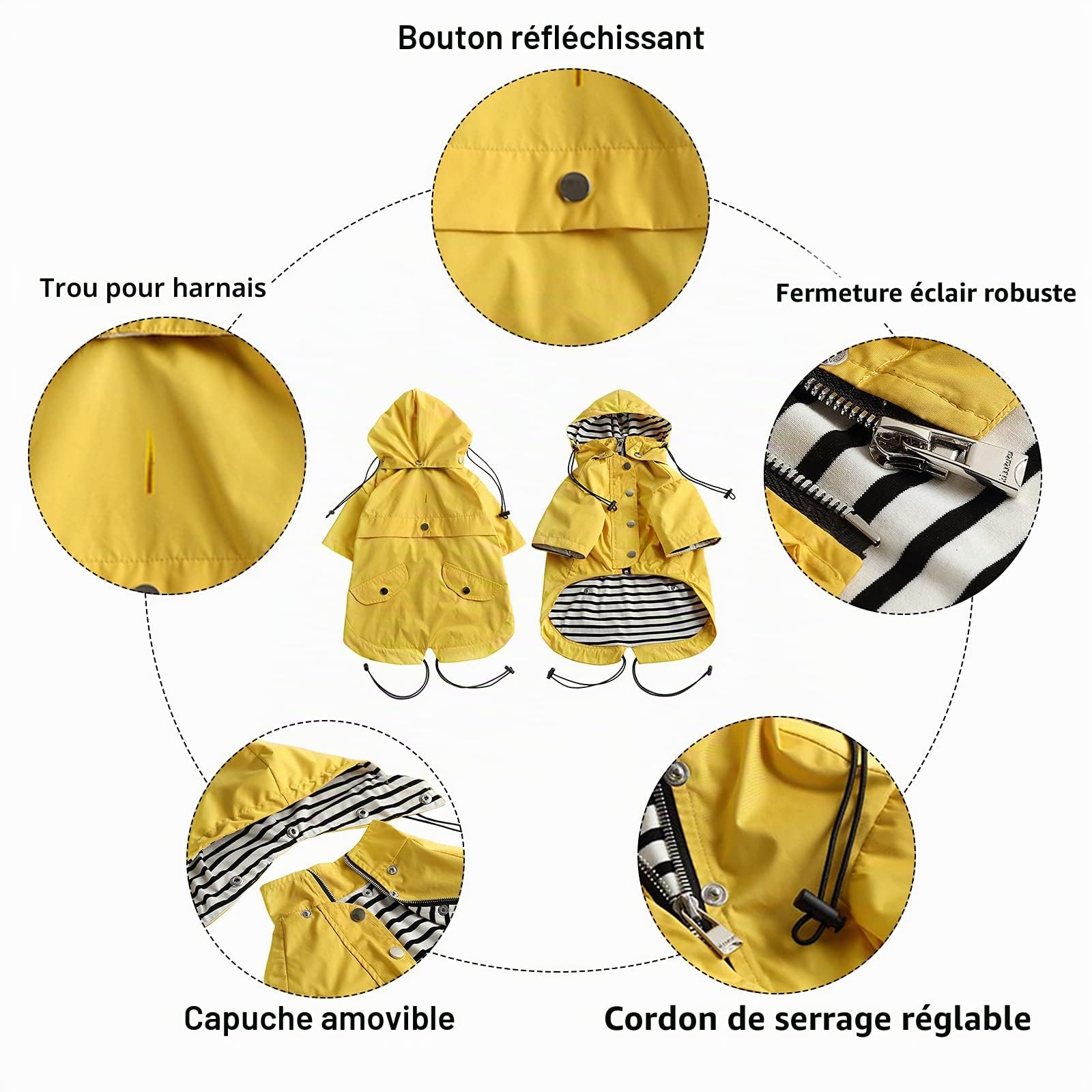 MOREZI Imperméable pour Chien, avec Boutons et Fermetures éclair réfléchissants, imperméable/Pluie, Cordon de Serrage réglable, Capuche Amovible-Jaune-L