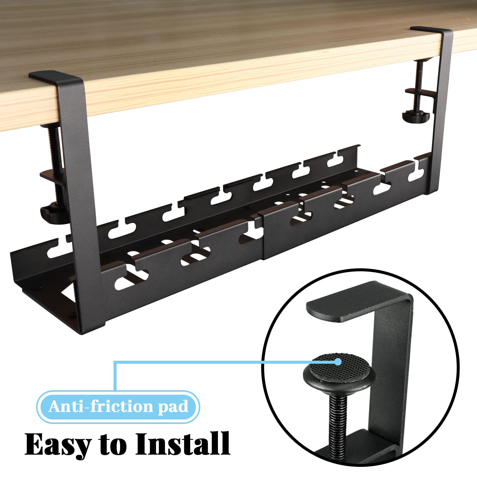 Cable Management, Plateau de Gestion des Câbles sous Bureau sans Perçage, Rétractable 28,7cm-55cm, Organisateur de Câbles et Multiprises pour Bureau à Domicile, Noir