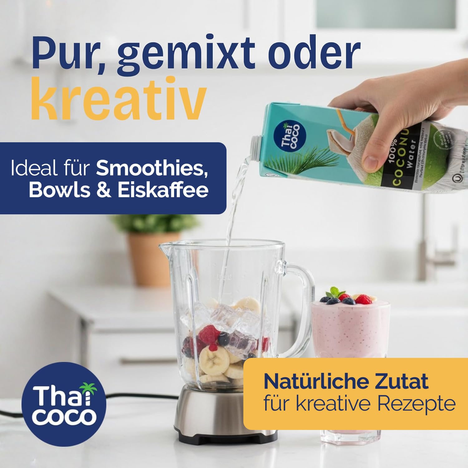 Thai Coco 100% Kokoswasser aus Thailand – Natürliches Coconut Water mit Elektrolyten – Ohne Zuckerzusatz & Ohne Konservierungsstoffe – 12x1L Tetra Pak – Hydration Getränk für Sport & Alltag