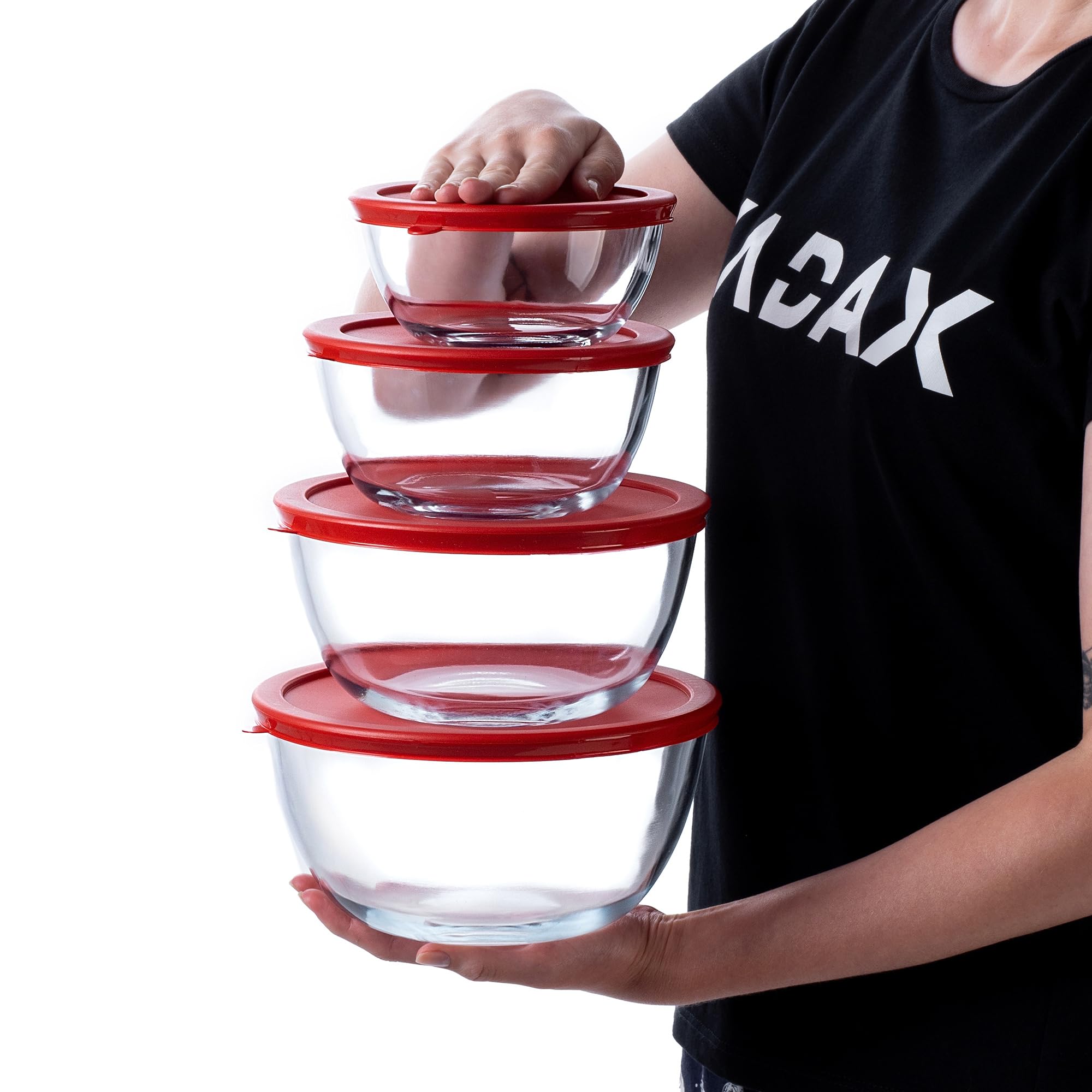 KADAX Juego de 4 cuencos de cristal con tapa, para mezclar, para hornear, alimentos, cocinar, preparar, recipientes redondos para alimentos, 0,5 – 2 L, recipiente de cristal, apto para lavavajillas