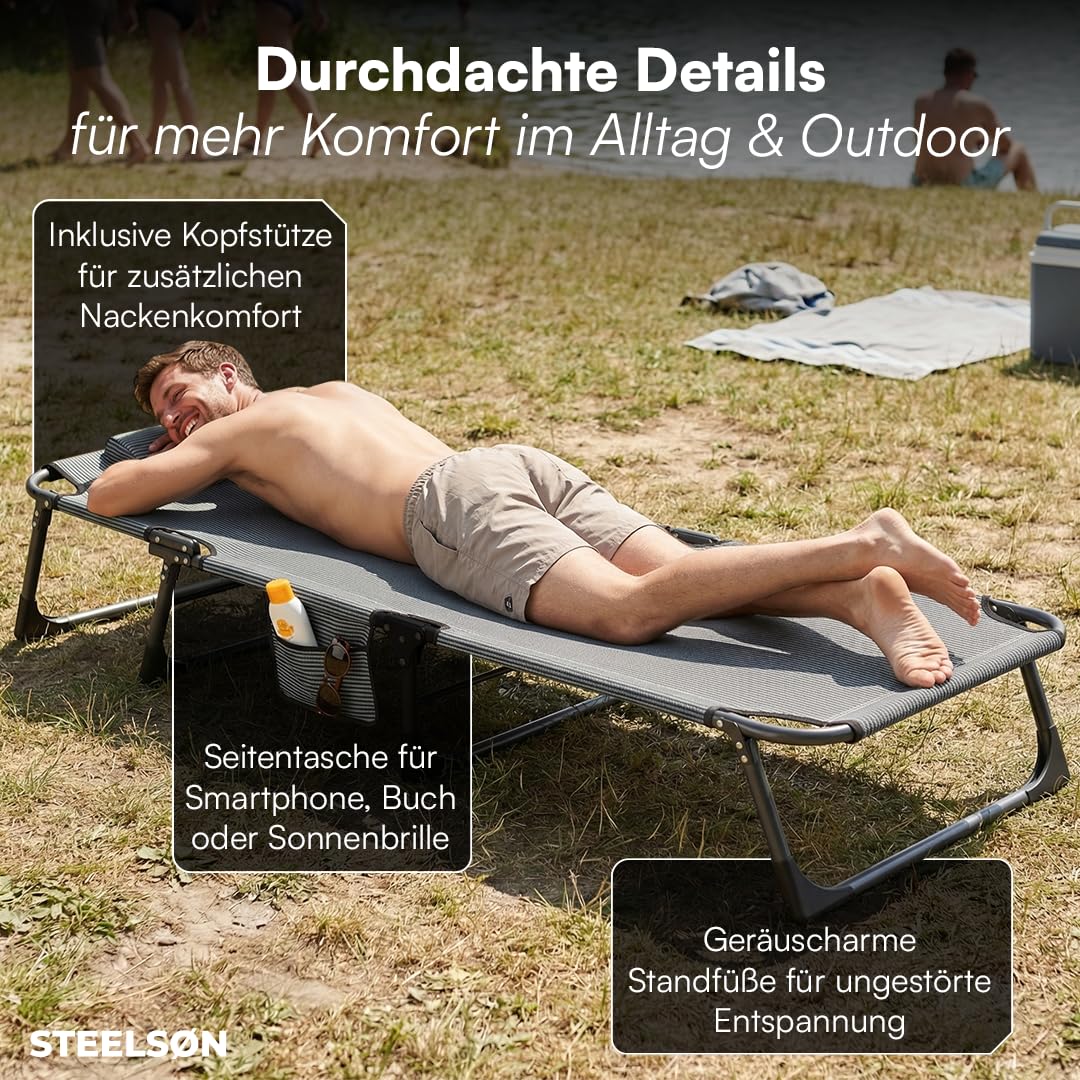 STEELSØN Nysaris Sonnenliege Klappbar – Strandliege in Grau/Schwarz – Outdoor Gartenliege wetterfest – Liegestuhl mit Polsterauflage – leichte Campingliege verstellbar mit Seitentasche – bis 180 kg