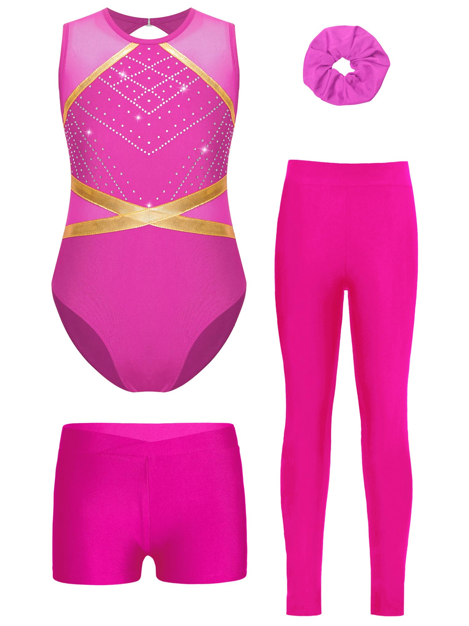 Oyolan Ensemble de Gymnastique 4 Pièces pour Fille Justaucorps Legging Short Chouchou Tenue Danse Gym Patinage Sport Fitness