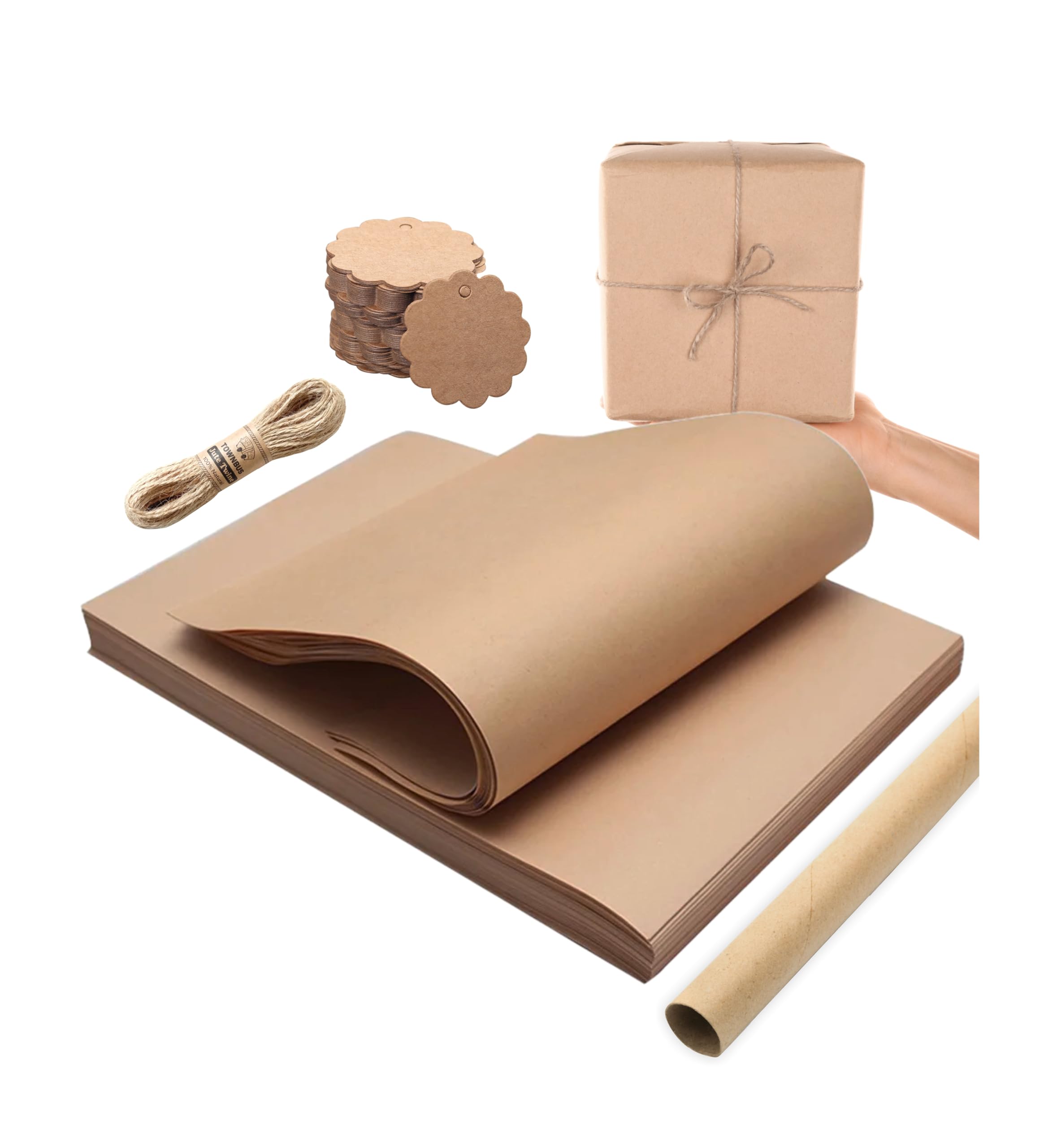 TOWNBUS 100 GSM Brown Kraft Paper Pack of 10 (45 x 60 cm) | Includes 10 Tags & Jute Rope | Ideal for Gift Wrapping, Painting, Arts & Crafts and DIY Projects