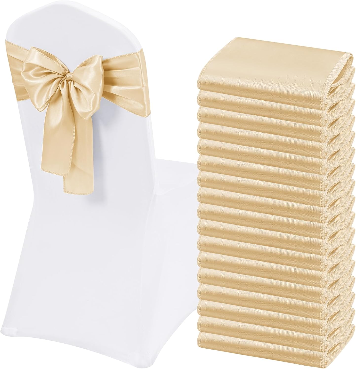 60 PCS Champagne Satin Chair Sashes Bows Universal Chair Cover Band Back Ties Chair Bows for Wedding Party Reception Restaurant Event Decoration(7 x 78 inch)