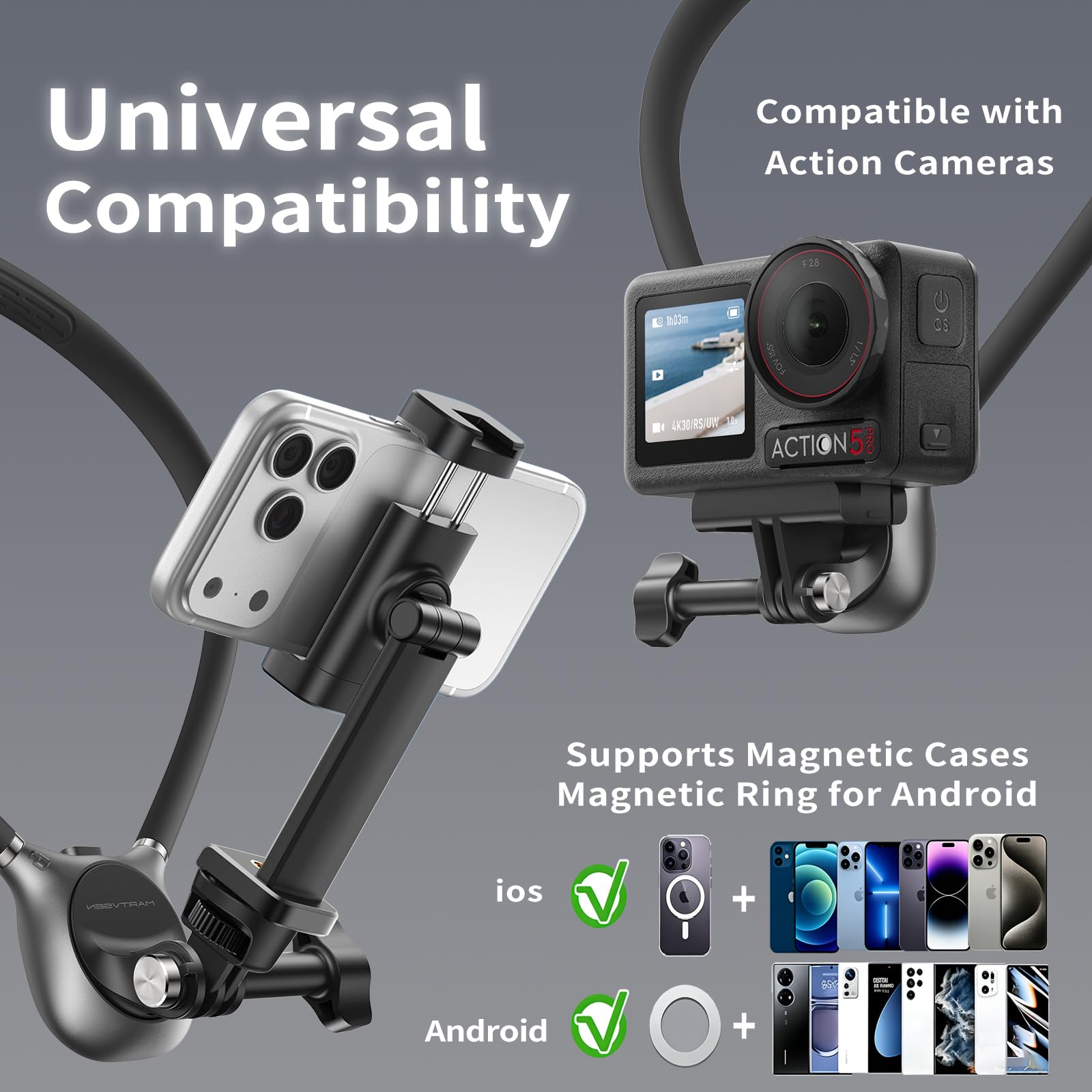 Supporto magnetico per telefono da collo per registrazione video POV fotocamera telefono POV supporto toracico per GoPro DJI Osmo, Pocket 3 Neck Mount, ideale per vlogging, live streaming, cucina