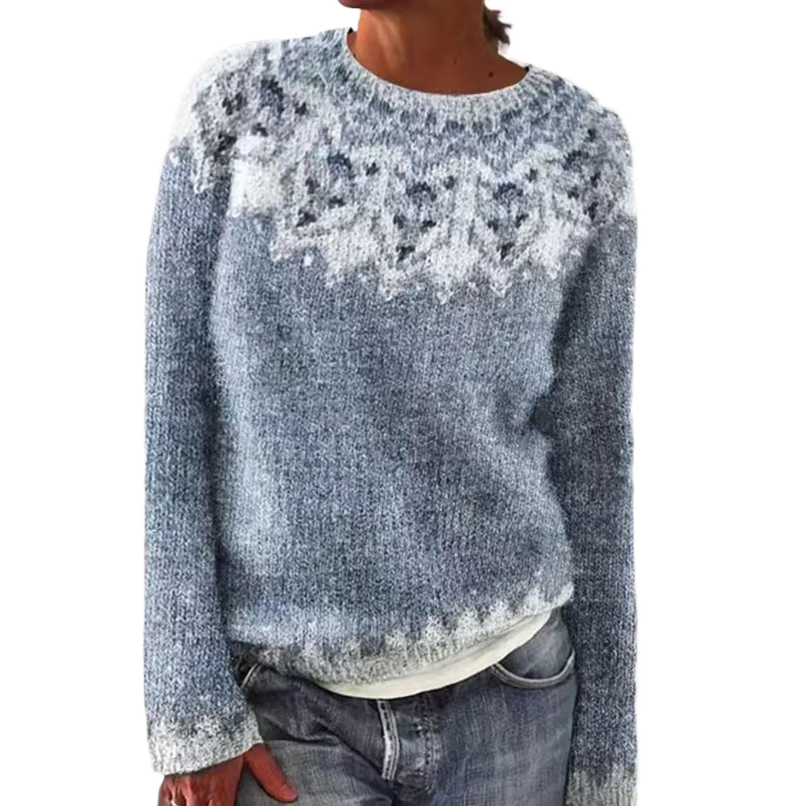 Norweger Pullover Damen, Fair Isle Pullover Damen Elegant Rundhals Pullover Basic Langarmshirt Bunte Strickpullover Casual mit Aufdruck GroßE GrößEn Warm Winter Jumpers