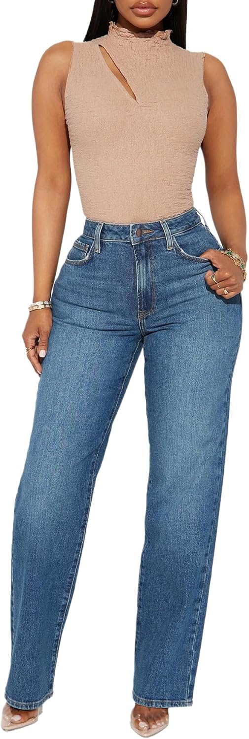 BessCops Straight Leg Jeans for Women High Waisted Wide Leg Stretchy Loose Denim Pants - Image 6