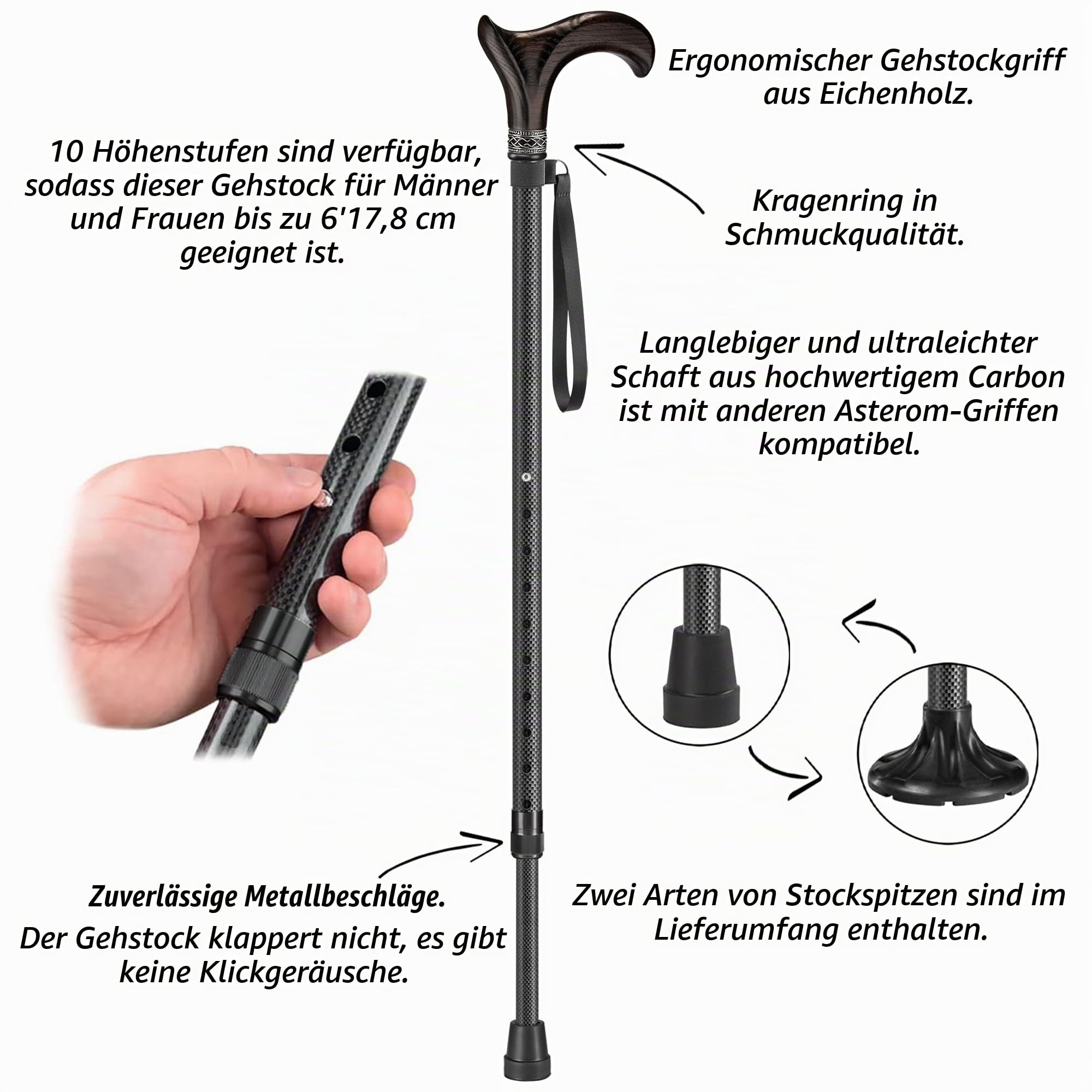 Asterom Carbon Fiber Cane - Lightweight, Ergonomic, Adjustable - Walking Canes for Men & Women, Carbon Walking Cane, Cool Walking Sticks for Seniors