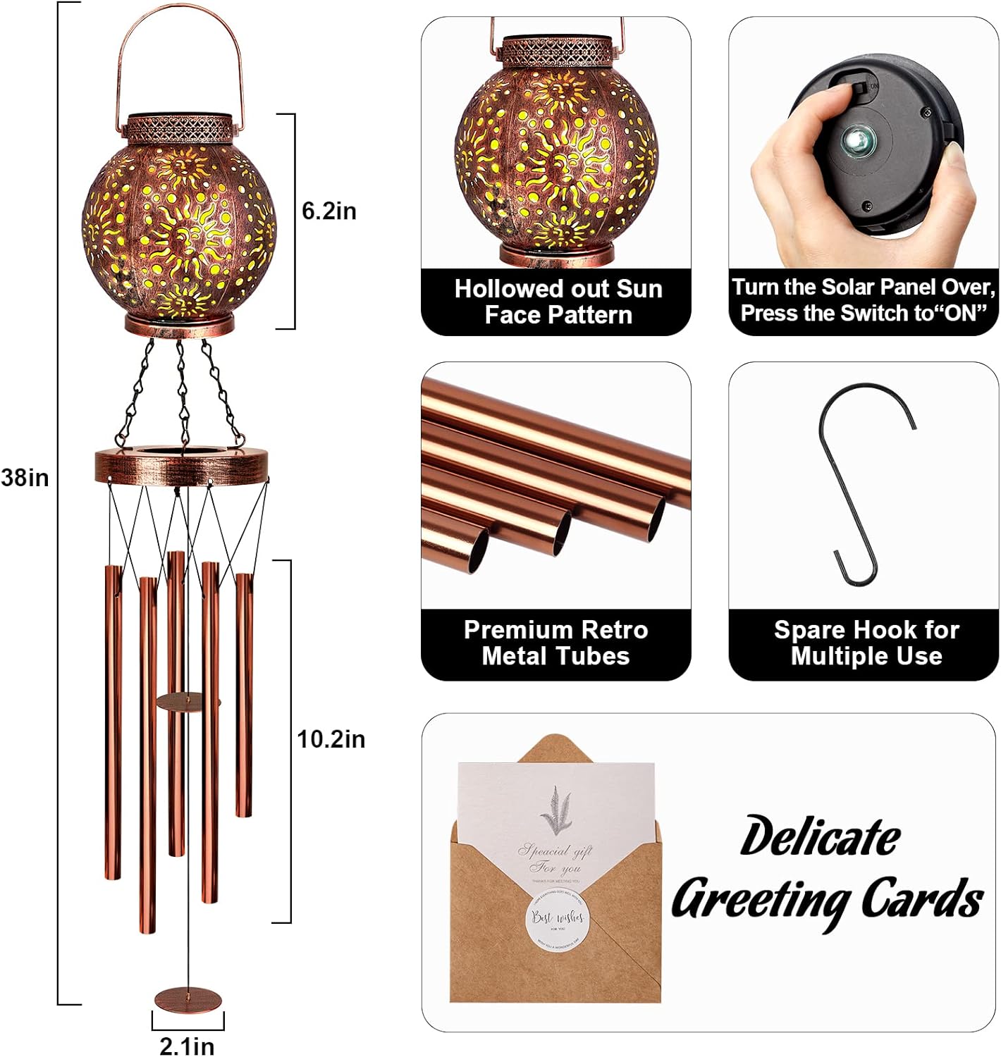 YHmall Solar Wind Chimes for Outside, 38" Sun Gifts for Mom, Memorial Wind Chimes for Women, Hanging Solar Lantern Windchimes Outdoors for Patio Yard Garden Decor