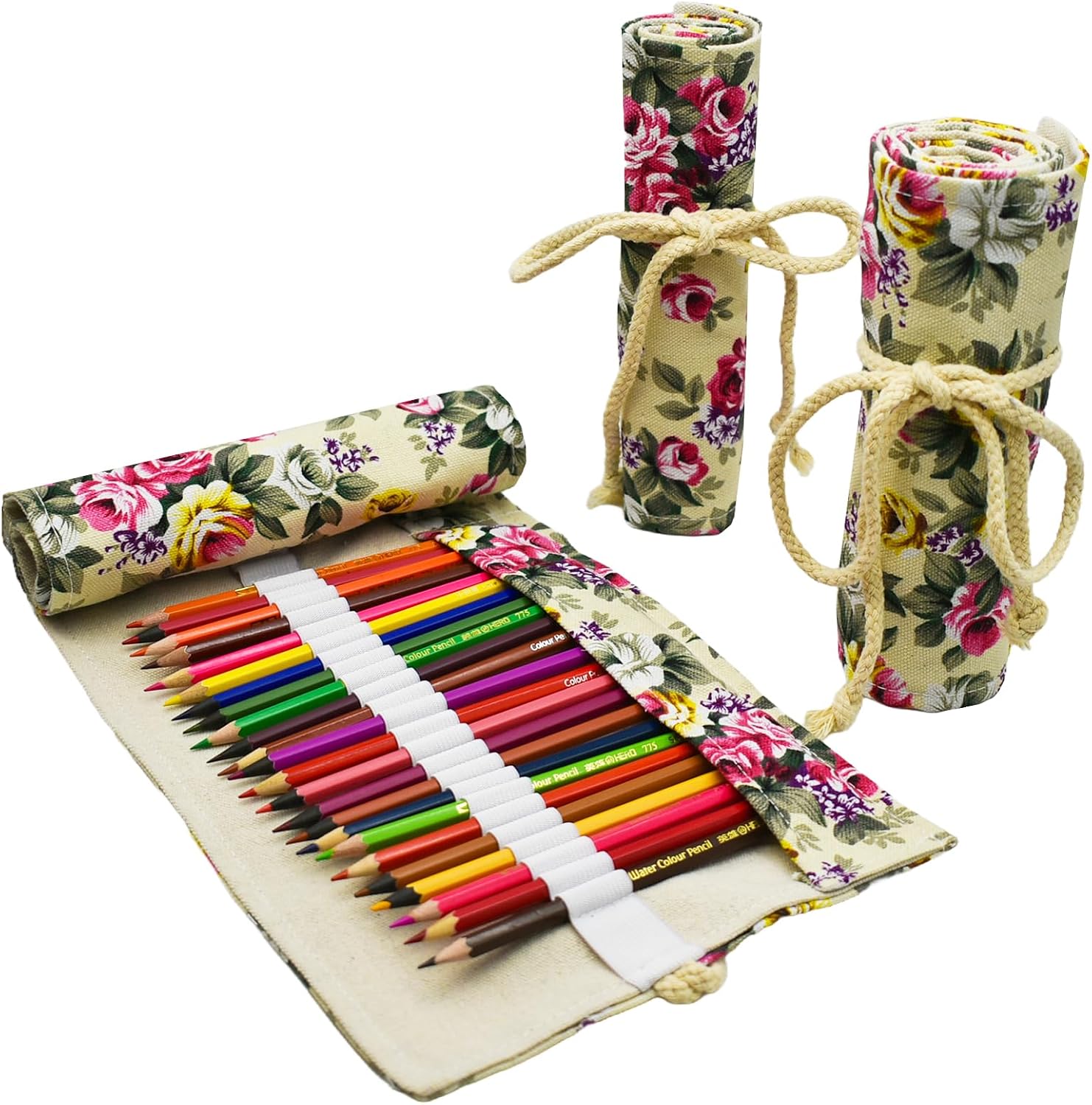 Flowers Colored Pencil Wrap Case Canvas Roll Up Holders Sketch Peony Pencils Organizers for Artist Adult Coloring Travel Storage With 72 Slots(Spring)