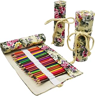 Flowers Pattern Canvas Pencil Wrap Colored Pencil Roll Up Holders Peony Coloring Pencil Organizers for Artist Adult Travel Storage With 48 Slots(Spring)