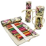 Lopenle Flowers Pattern Colored Pencil Wrap Canvas Roll Up Holders Peony Coloring Pencil Organizers for Artist Adult Coloring Travel Storage With 24 Slots(Spring)