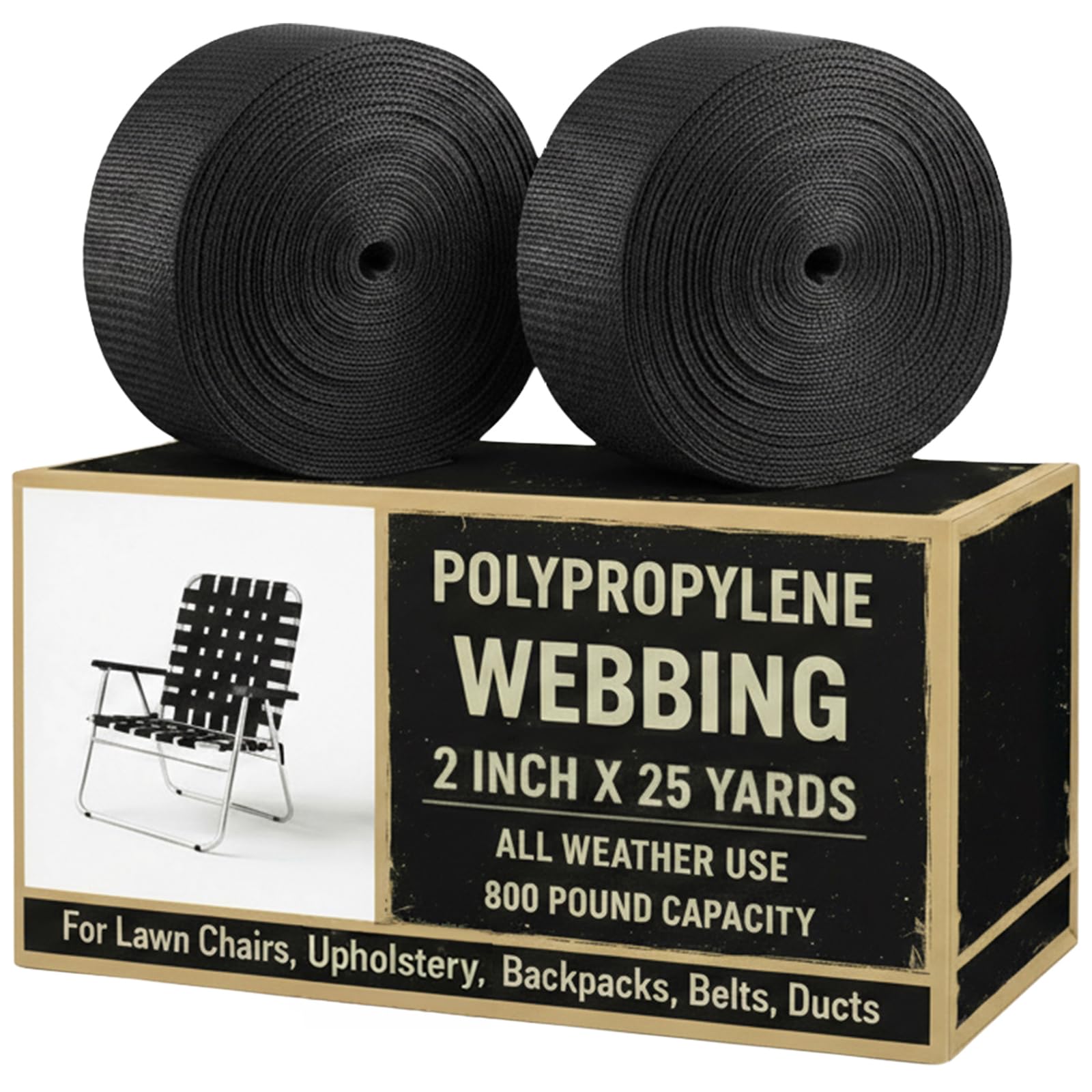 Lawn Chair Webbing, Webbing 2 Inch, Nylon Straps 2 Inch Wide, Strapping for Upholstery, Seat Belt, Seatbelt, Bags, Climbing, Firefighter, Tubular, Polypropylene, Black, 25 Yards