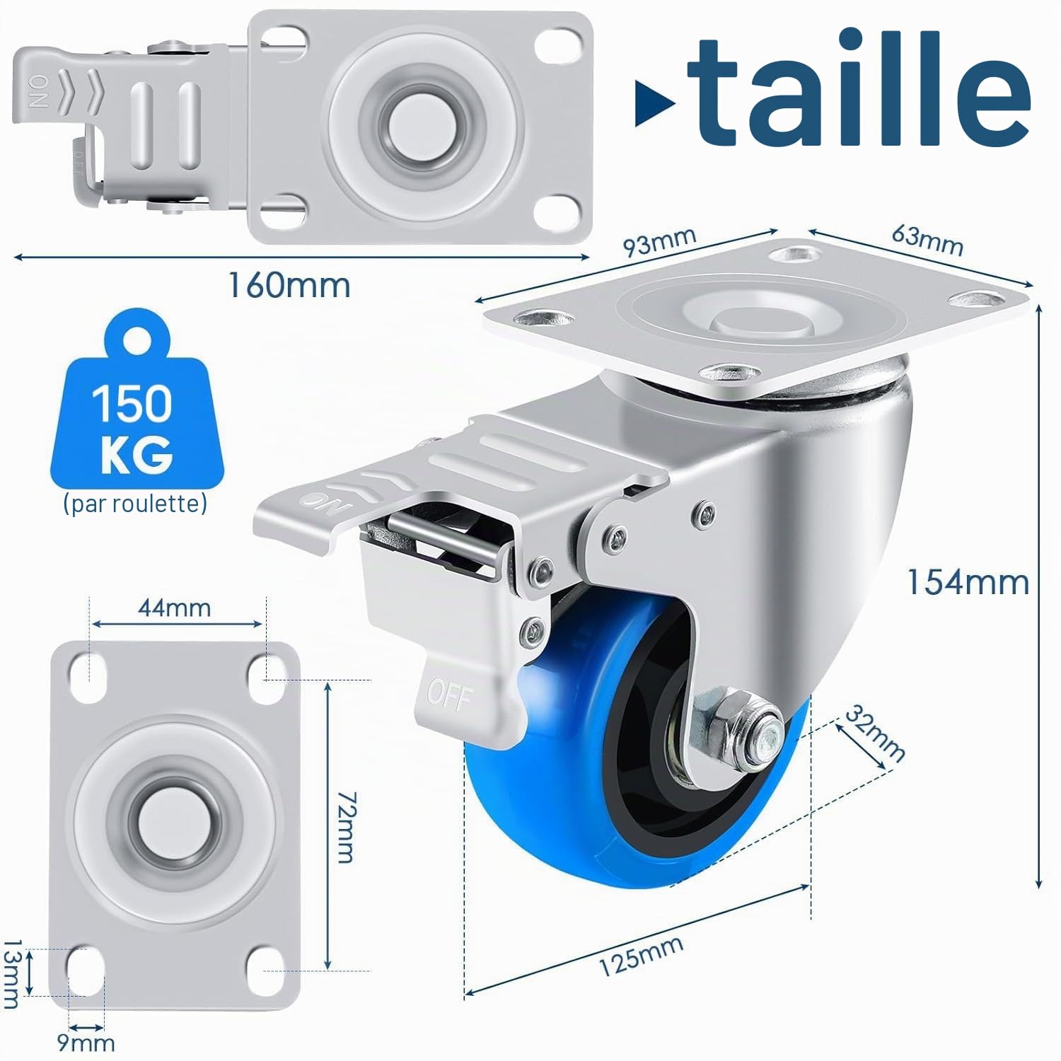 Roulettes Pivotantes 125 mm avec 4 Freins, Pack de 4 Charge Lourde 600kg
