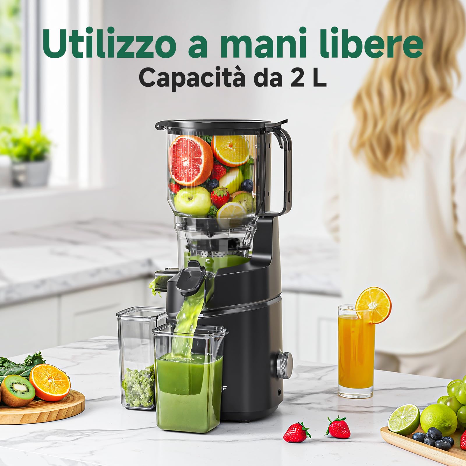 AMZCHEF Estrattore Automatico, Apertura 150MM e Capacità 2L Estrattore Frutta e Verdura Intera, 250W Estrattori di Succhi Professionale con Triplo Filtro - Nero
