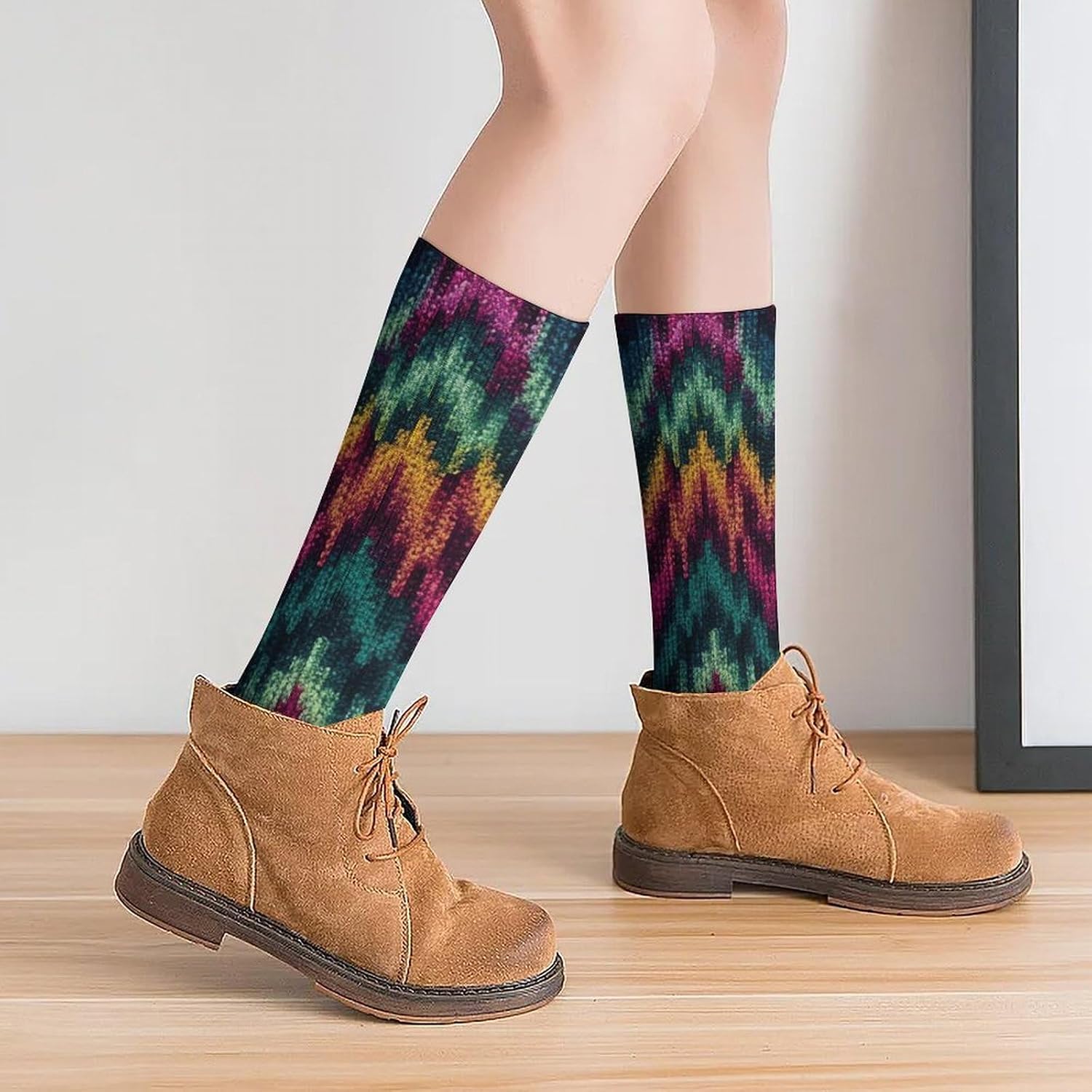 Breathable Crew Sock, Moisture Wicking, Athletic Calf Socks, Cozy | Colorful Knitted Pattern Compression Socks for Women Men, Lightweight High Work Socks for Business, Casual