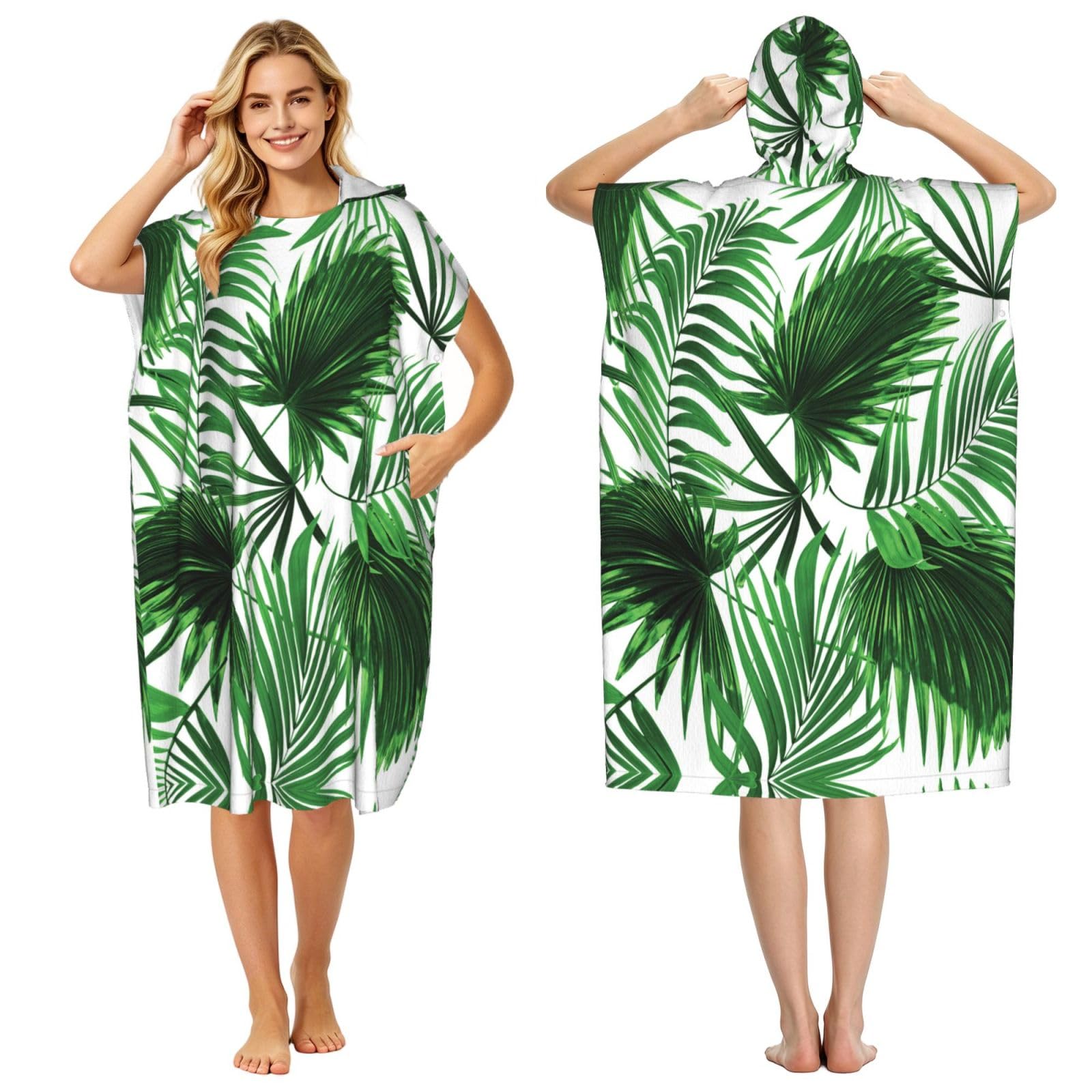 EZDLOWVBA Palm Leaf Print Hooded Poncho Microfiber Beach Towel,Adult Women & Men Changing Robe,Lightweight Summer Surf Swim Bath Poncho Towel