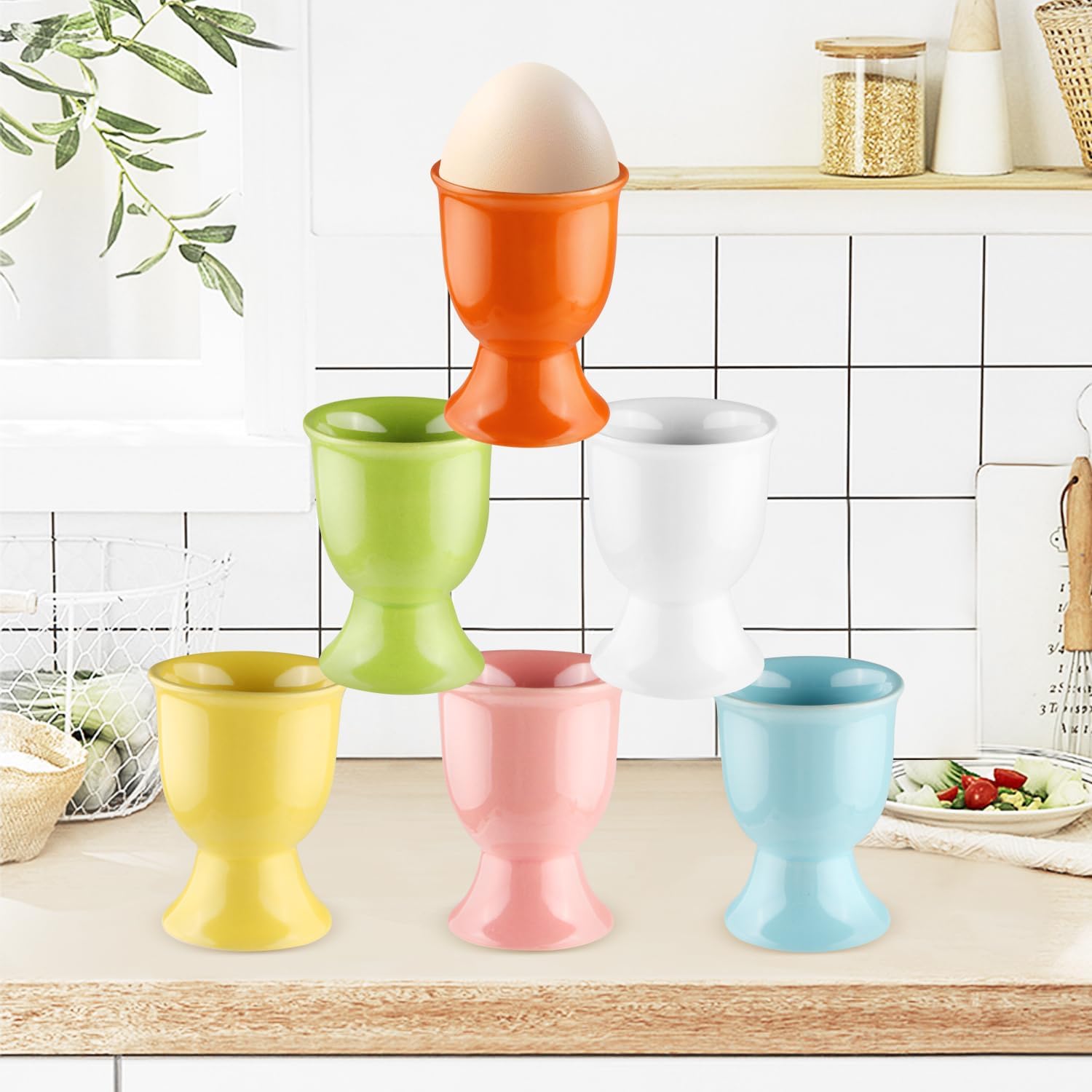 6 Pcs Ceramic Egg Cups Porcelain Egg Stand Holders for Soft Boiled Eggs Breakfast Party Dinning - Multicolor