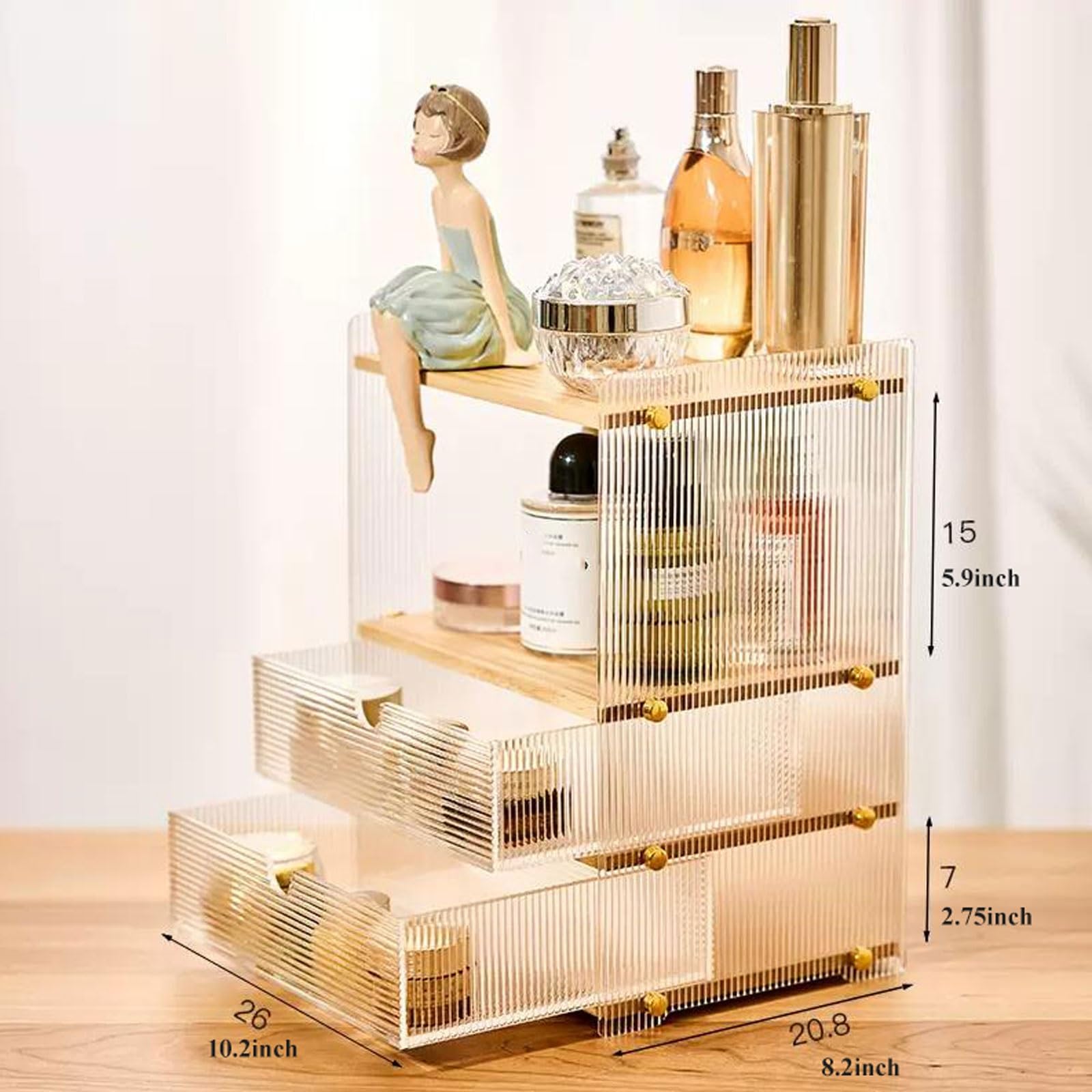 Boîte de rangement pour le maquillage Organizador de maquillaje acrílico para tocador, organizador de escritorio multifunción con 2 cajones y gabinete de almacenamiento, organizador de baño
