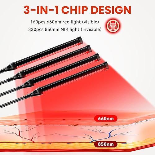 Miniatura 3 de Viconor Lámpara de terapia de luz roja, terapia de luz infrarroja de 4 cabezales para dispositivo corporal con soporte ajustable, luz roja de 660 nm