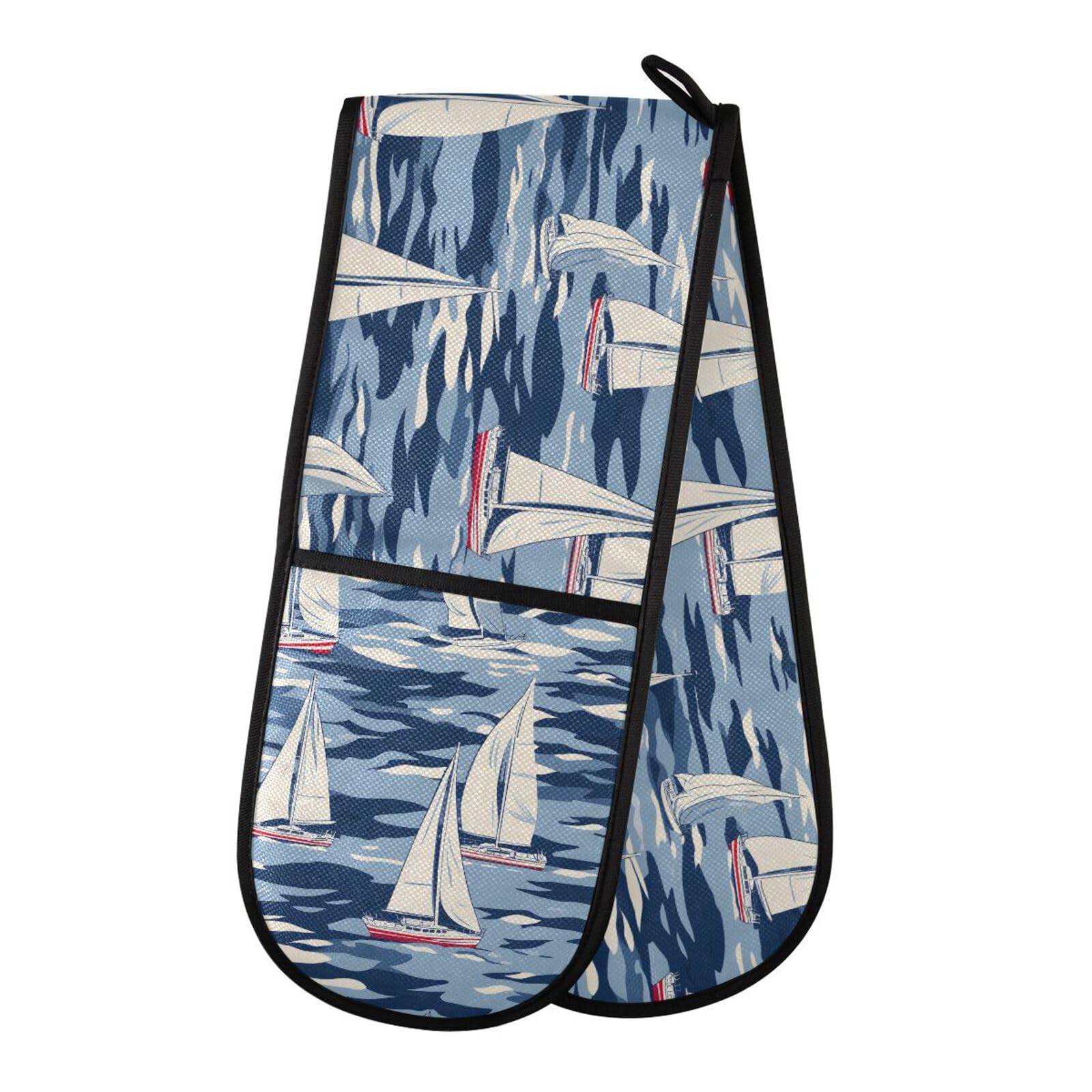 Oven Gloves Double Oven Gloves Boat Blue Nautical Coastal Heat Oven Mitts Pot Holder Heat Resistant Quilted for BBQ Baking Kitchen Cooking Gloves