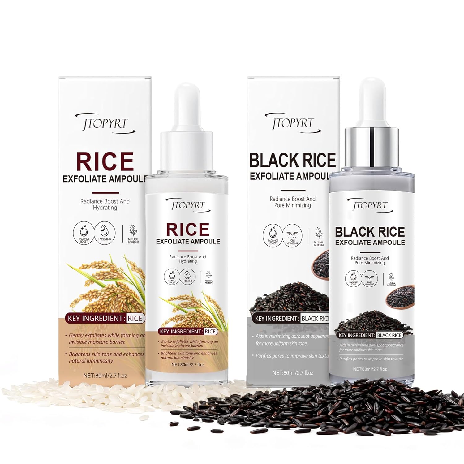 Glow White & Black Rice Exfoliate Ampoule - Peeling Shot Exfoliating Gel with Rice Extract - Gently Removes Dead Skin & Blackheads - for Morning & Night Facial Care for All Skin Types - 2 x 2.7 fl oz
