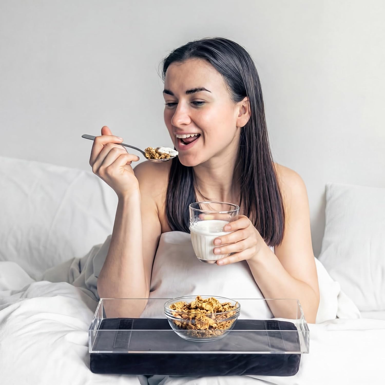 LemonRoad 16.5'' x 13'' Acrylic Lap Tray with Detachable Pillow Clear Lap Desk Cushions with Handles for Bed Couch Eating Breakfast Dinner Laptop Housewarming Gift