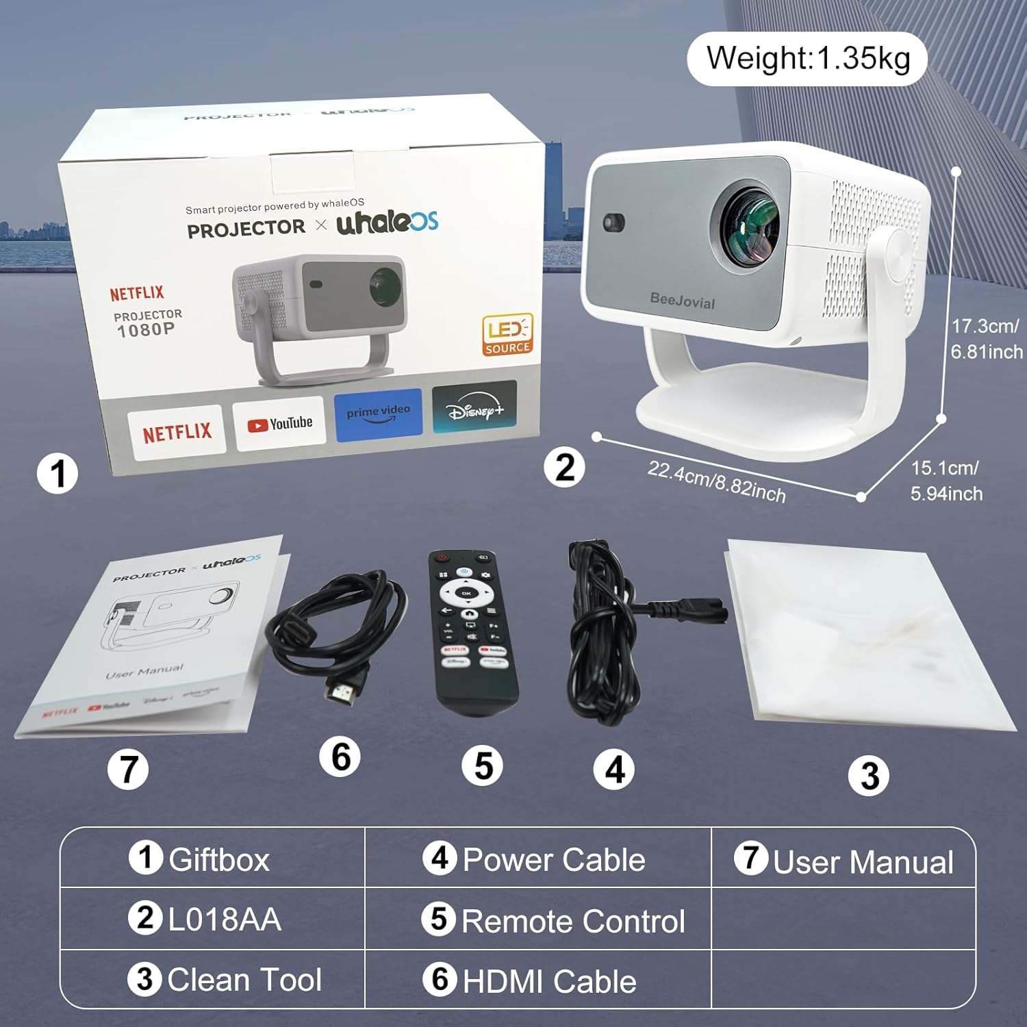 Contents of the BeeJovial L018AA Mini Projector package.