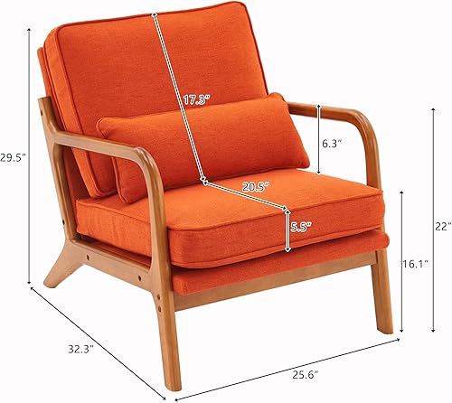 Miniatura 2 de Sillón tapizado para sala de estar, moderno de lino para interiores, silla de ocio individual con reposabrazos de roble y almohada lumbar, silla de
