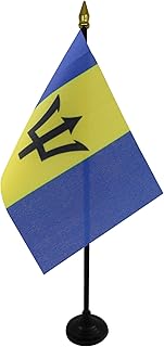 AZ FLAG - Barbados Table Flag 4'' x 6'' - Barbadian Mini Desk Flag 100% Polyester 15 x 10 cm - Office Banner with 10'' Pole - Golden Spear