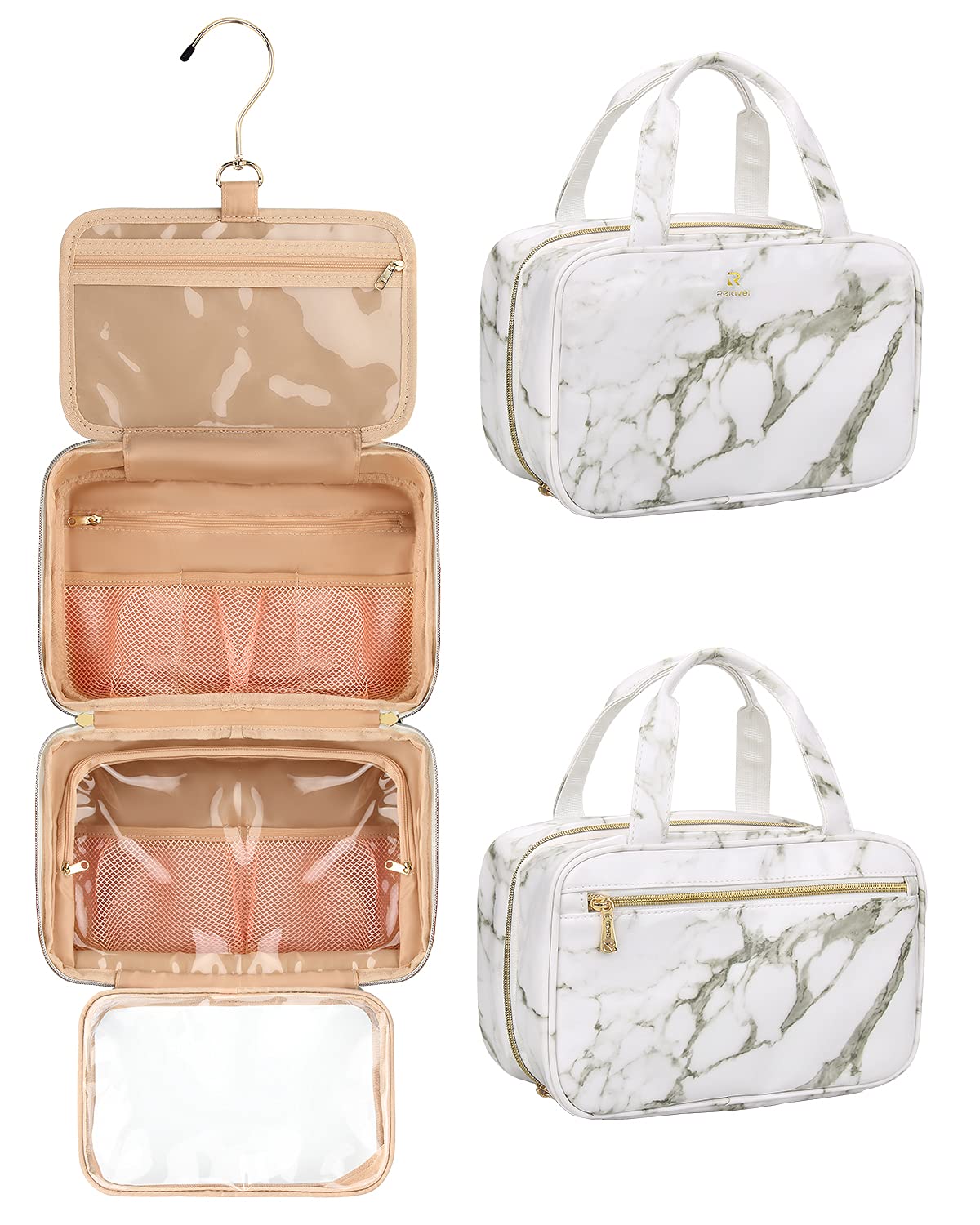 MONSTINA Toiletry Bag, Large Toiletry Bag for women Travel Bag with Hanging Hook Waterproof Makeup Cosmetic Bag Toiletry Bag for Bathroom Shower(Marble White)