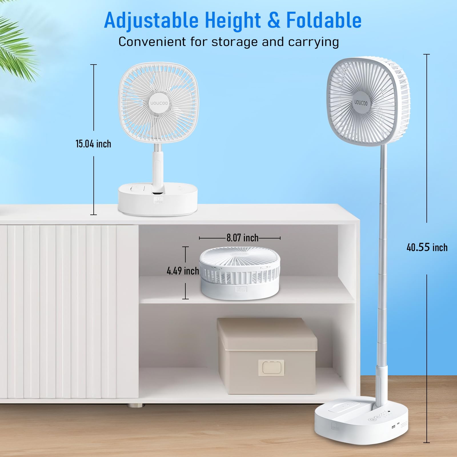 Tragbarer Oszillierender Ventilator, 22,9 cm, zusammenklappbar, mit wiederaufladbarem 7200 mAh Akku, USB-betriebener Bodenventilator, höhenverstellbar, 4 Geschwindigkeiten, leise, inkl