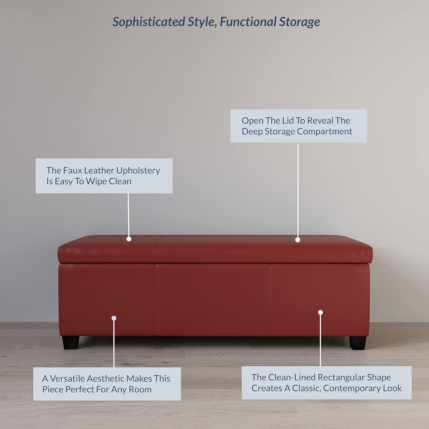 BELLEZE Storage Faux Leather Ottoman, 47 Inch Bench Bedroom Bench with Safety Close Hinge, Extra Long Ottoman with Storage for Living Room, Entryway, Hallway, Foot Rest, Support 300lbs - Red - Image 4