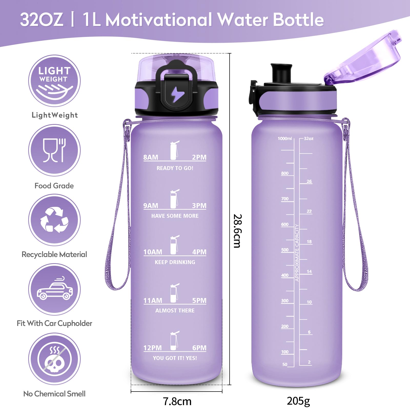 KollyKolla Borraccia 500ml/1L/1.5L,Palestra a Prova di Perdite,Motivazionale con Filtro, Bottiglia d'acqua Sportiva con Indicatore del Tempo, Borraccia per Bambino, Bambina, Sport, Scuola
