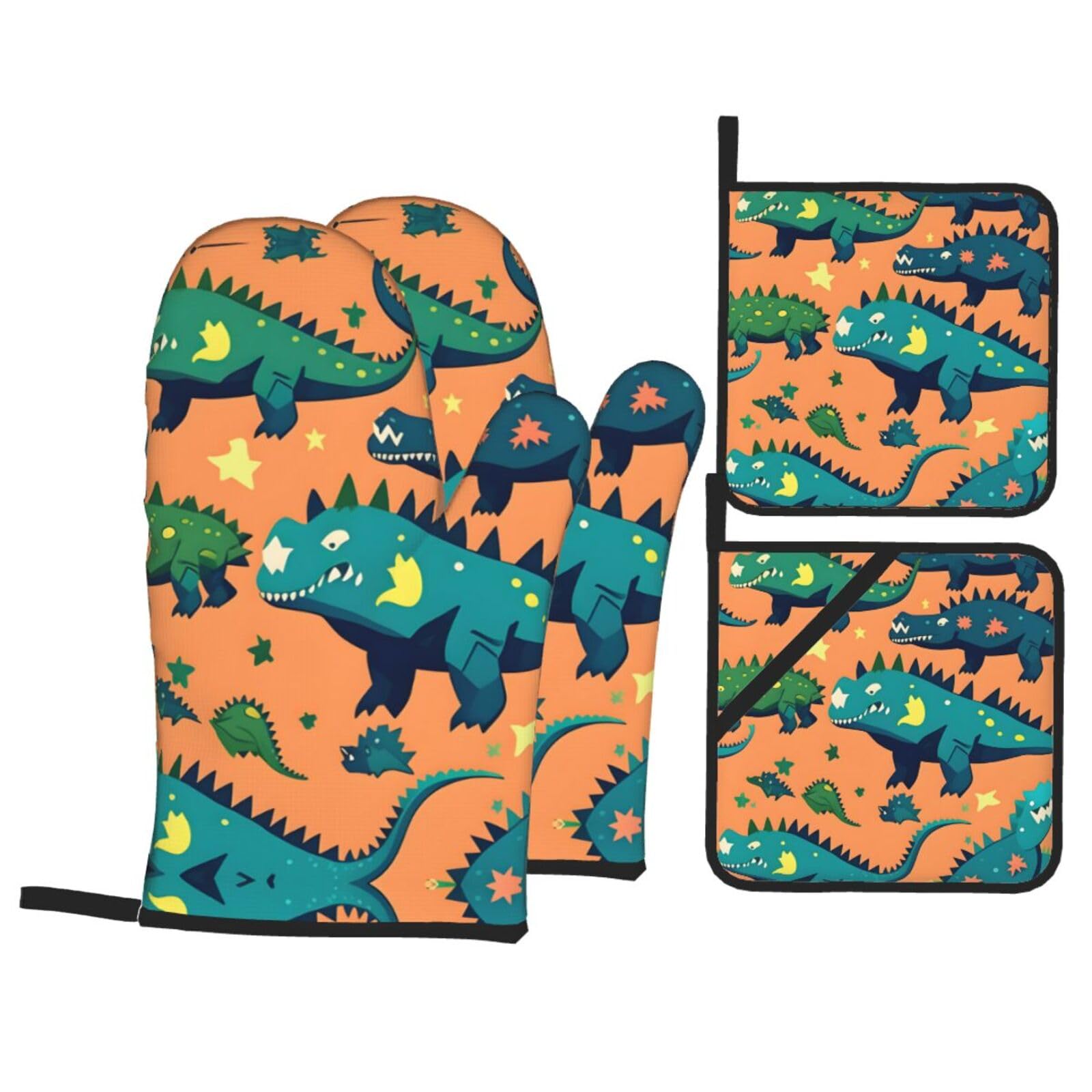 Dinosaur Print Stylish 4-Piece Microwaving Oven Waterproof Kitchen Gloves Baking Holiday Cooking