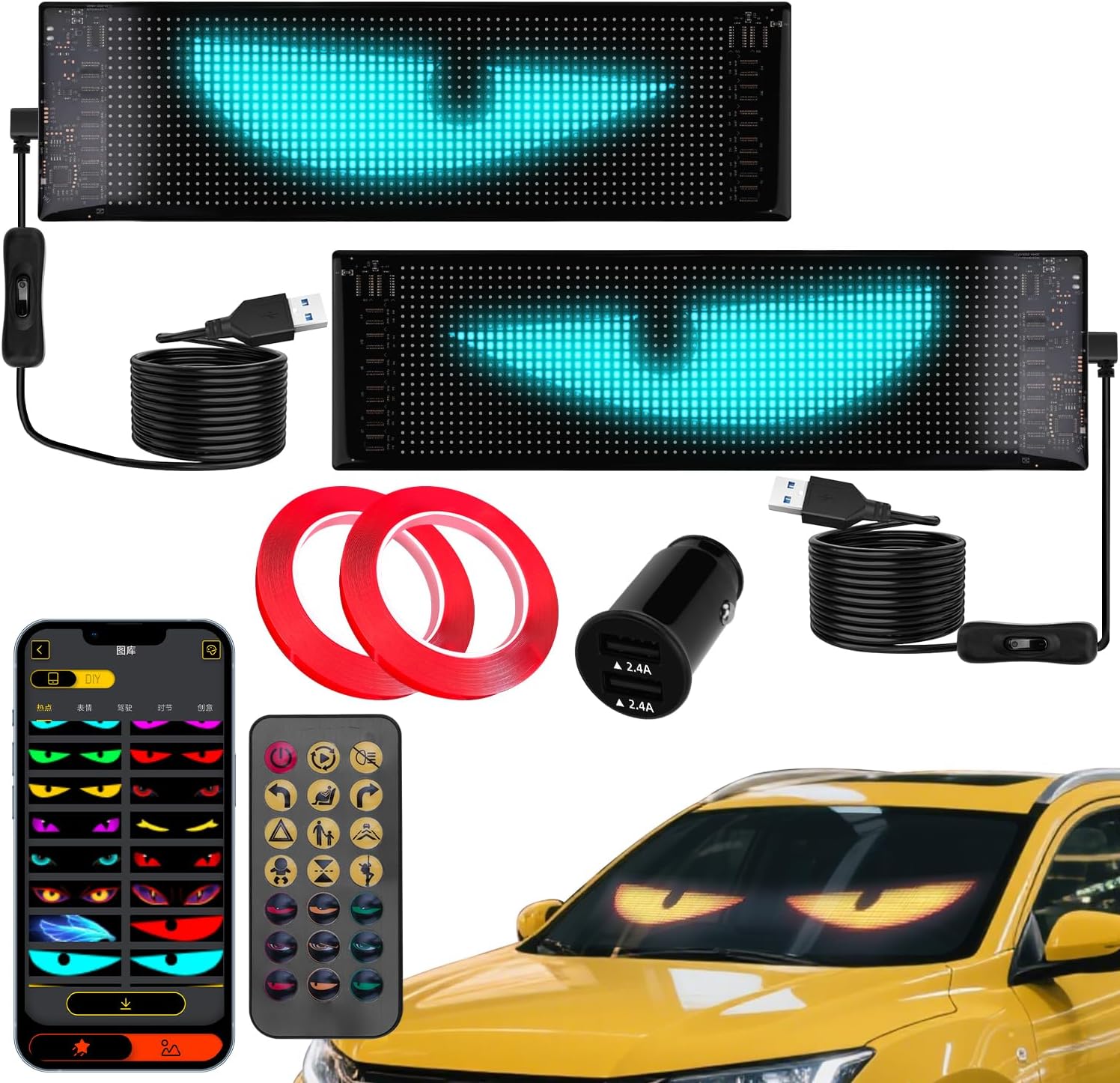 2-Pack Devil Eyes LED Display for Car Windshield, 14"×4.3" Programmable LED Matrix Panel, Flexible Waterproof Sign for Sedan/SUV/Truck – Bluetooth App/USB Powered