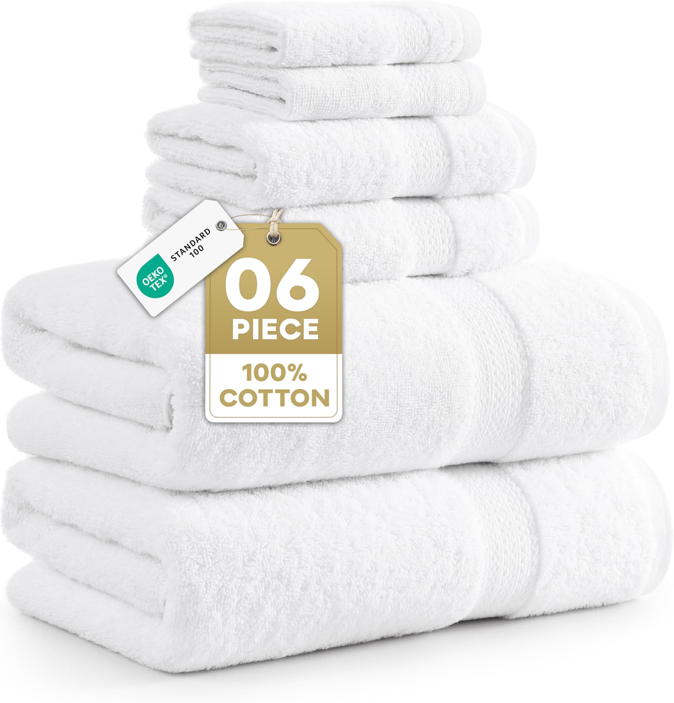 LANE LINEN 100% Cotton Bath Towel Set - 6 Pieces - Super Soft, Highly Absorbent & Quick Dry - 2 Bath, 2 Washcloths, 2 Hand Towels for Bathroom - Hotel Quality, Ideal for Spa, Gym & Travel - White