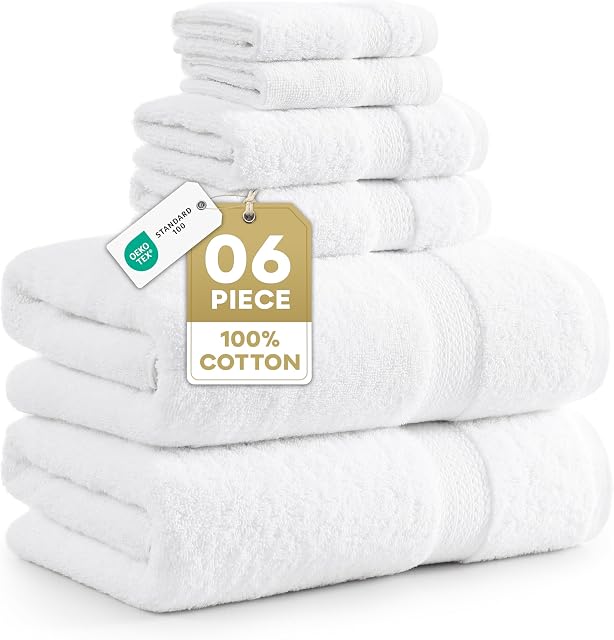 White Bath Towels for Bathroom Set-100% Cotton 6 PC Bathroom Towels, Super Soft Hotel Collection Bath Towels Set - 2 Bath Towel Set, 2 Hand Towel, 2 White Washcloths - White Towels Bathroom Sets
