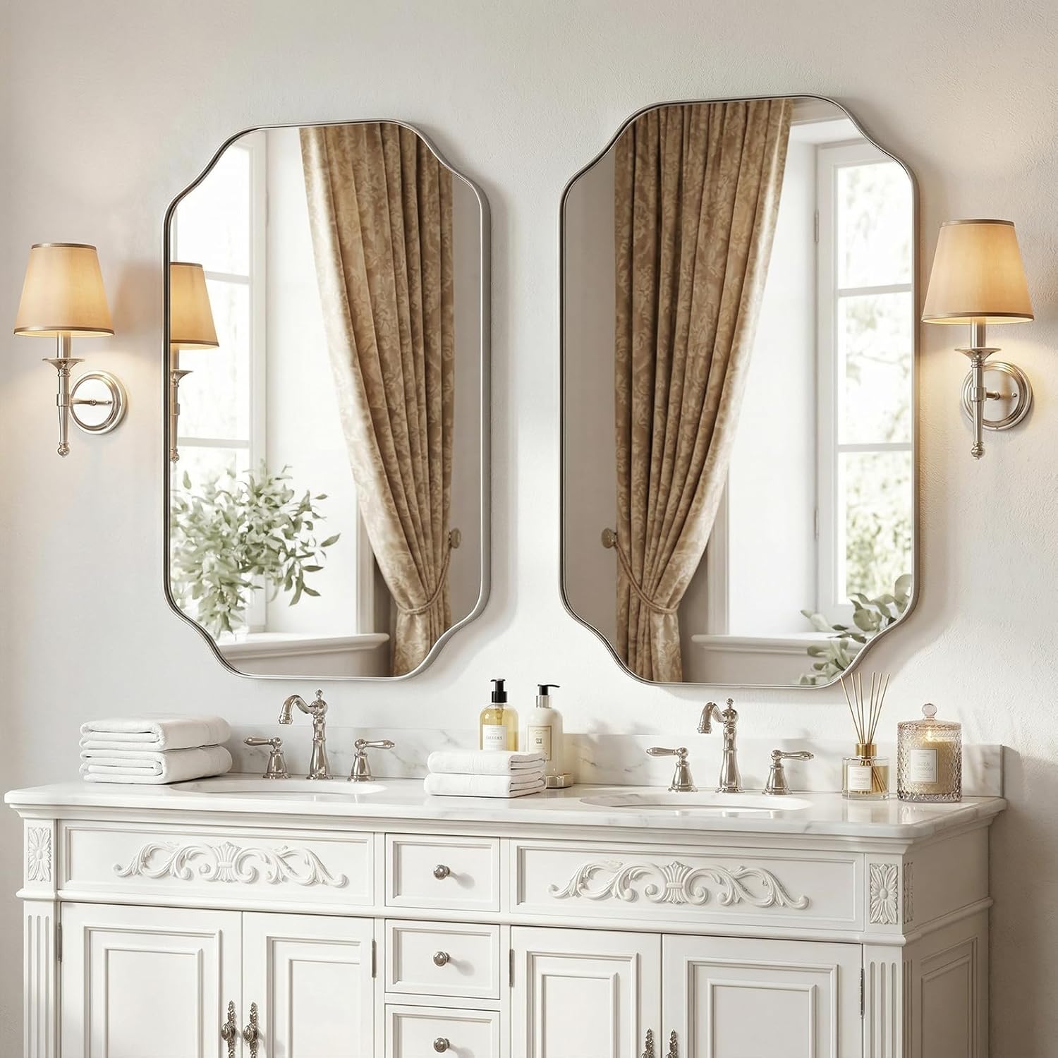 20x30 Inch Bathroom Mirror, Brushed Nickel Scalloped Wall Vanity Mirror Anti-Rust Stainless Steel 0.8" Frame Wall Mounts Horizontally or Vertically