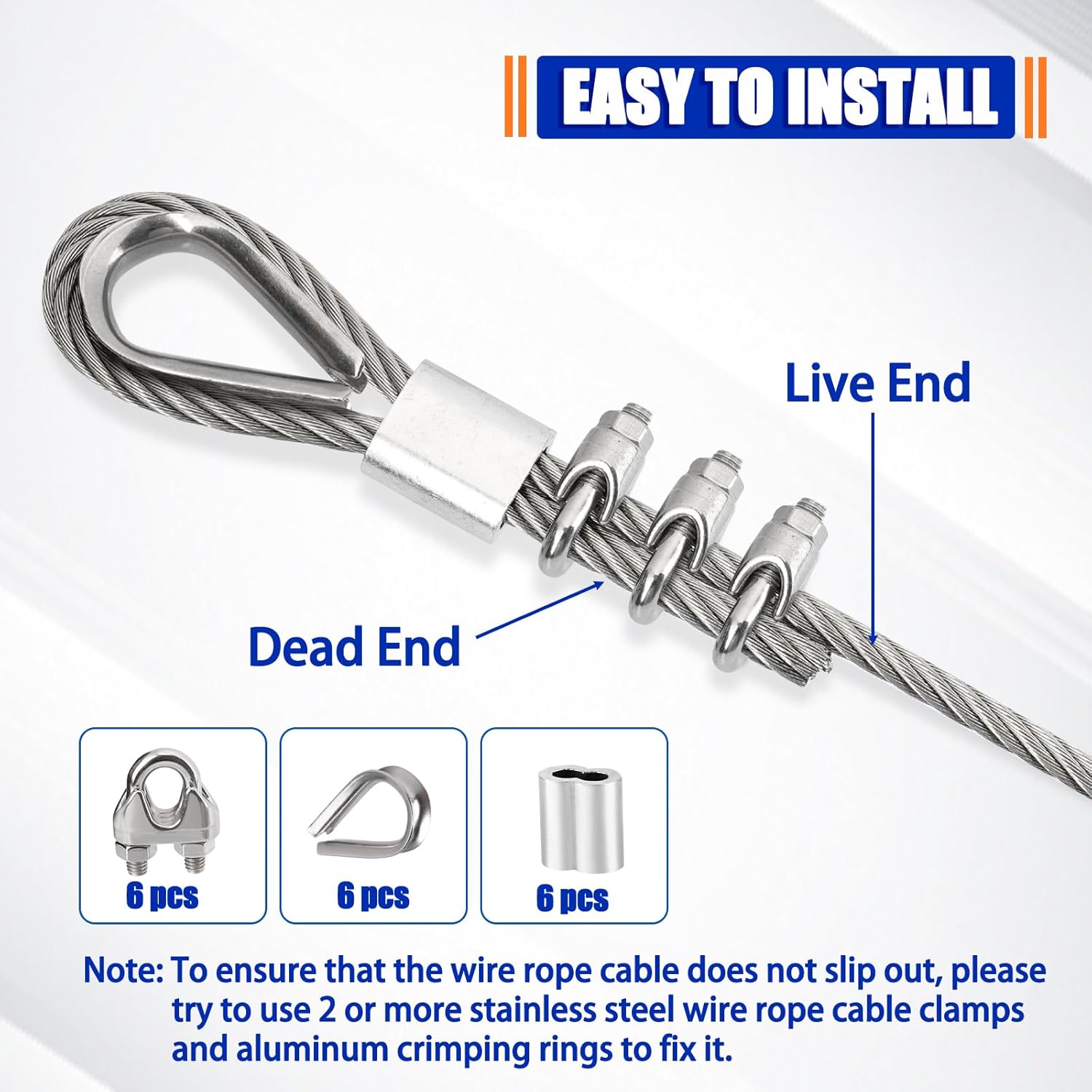 5/16 Steel Cable with Loops 100ft Stainless Steel Wire 7 * 19 Strands Aircraft Cable 9000 lbs Break Strength for Yard Zipline Shade Sail Fencing Duty Wire Rope kit with Clamps and Thimbles