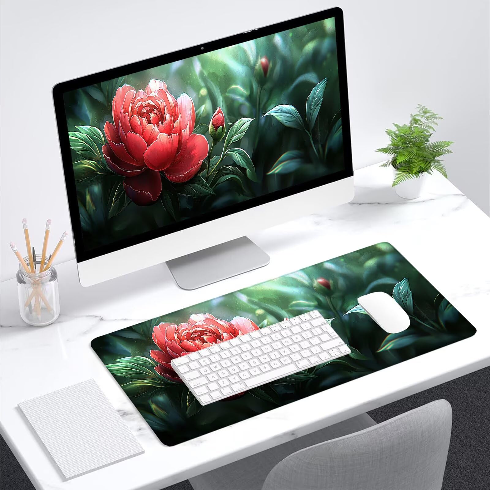 Podkładka pod mysz do gier, XXL zielona podkładka pod mysz 1200 x 600 mm, podkładka pod biurko ze szwami na krawędziach, podkładka pod mysz w kwiaty wodoodporna antypoślizgowa do akcesoriów biurowych