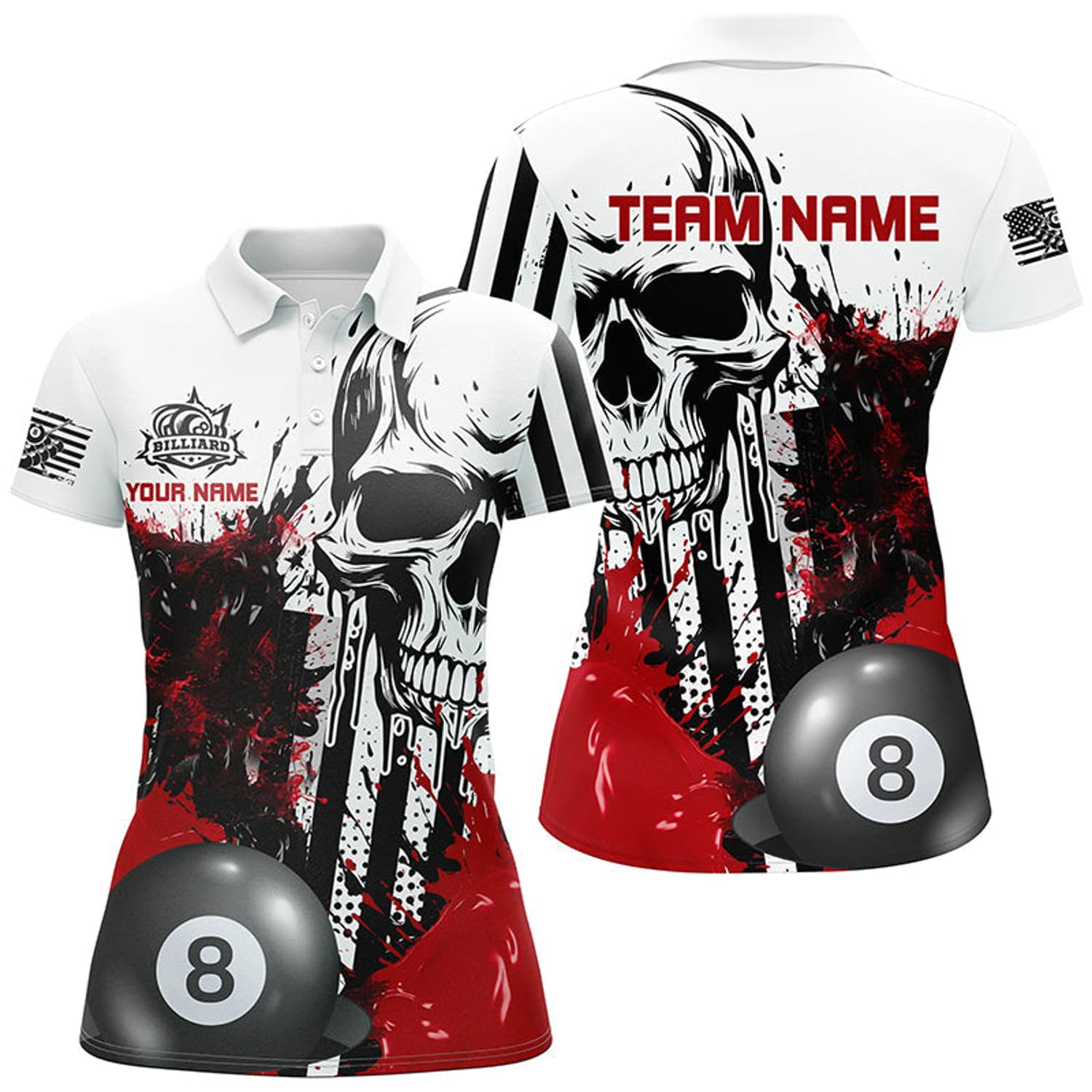 Personalized Red Grunge Skull Billiards Shirts for Women Custom Retro Billiard Team Jerseys Attire T1564