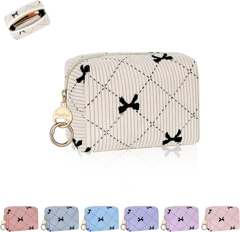 Necessaire de maquiagem Playexen em veludo cotelê, com zíper, Bow-Beige