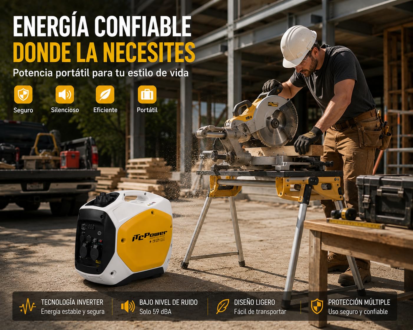ITCPower Generador Inverter Gasolina 2200W Silencioso y Portátil para Exteriores - Generador 2000W Ideal para Electrónica Sensible - Generador Inverter 230V con Bajo Ruido 59dB - 3h de Autonomía